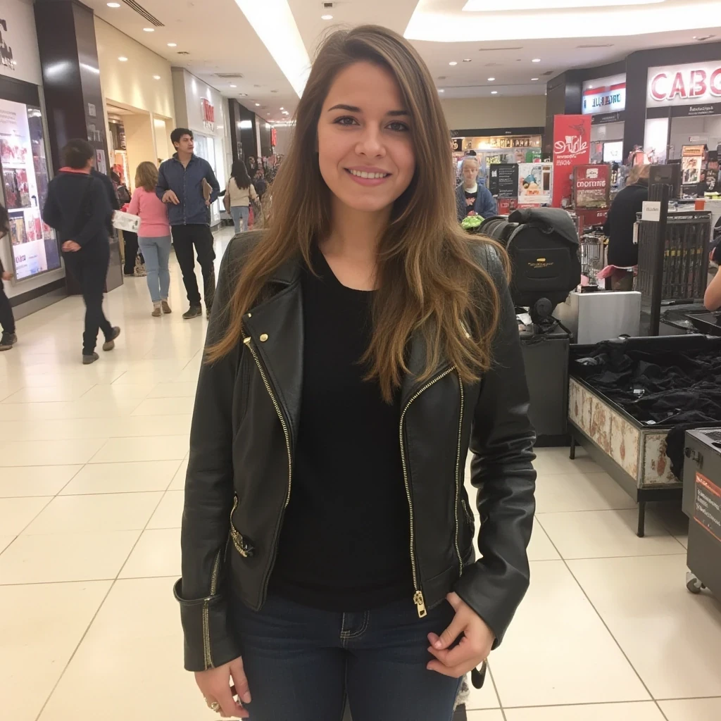 boring low quality snapchat photo circa 2015, average looking woman, full outfit, standing, soft light brown hair, mall background