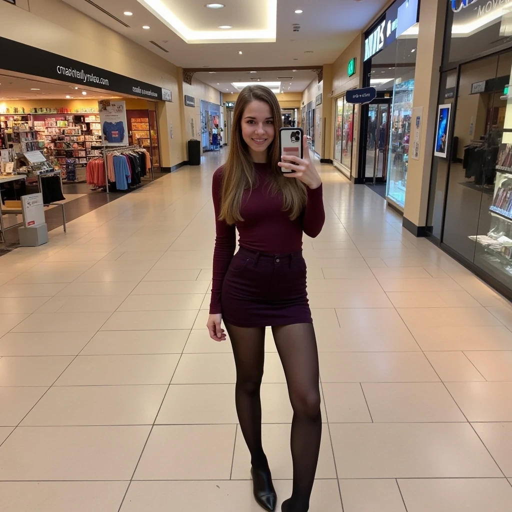 boring low quality snapchat photo circa 2015, average looking woman, full outfit, standing, soft light brown hair, mall background