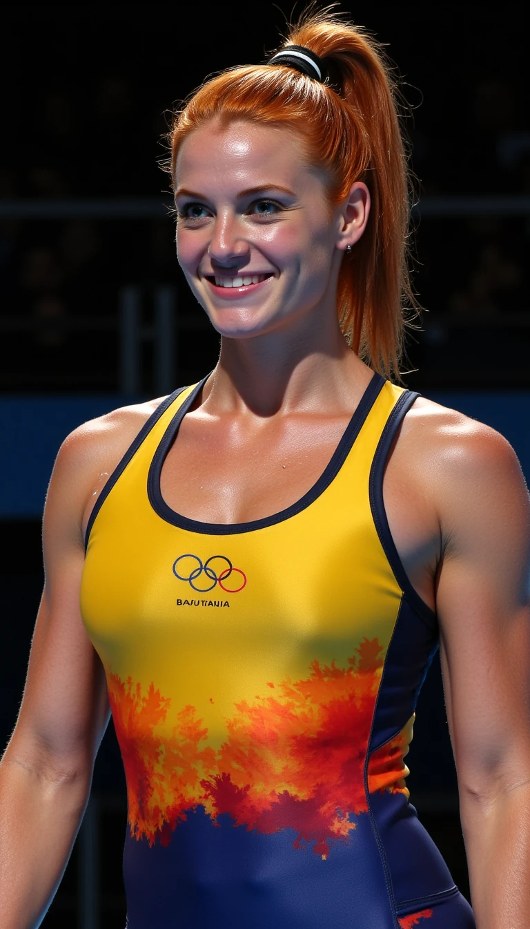 Lifelike 8k HD photo taken by an experienced professional photographer of sports illustrated, the image is of the CSTMDL woman looking sexy in the Australian national Olympic wrestling singlet. It is the Olympic summer Games in Paris, France in 2024. She is wrestling against a woman from Turkey. The model has her opponent about to be pinned. The referee is slapping the mat to award her the fall. Her vibrant red hair is in a high ponytail, she is glistening with sweat, her huge breasts are a focal point of the picture 