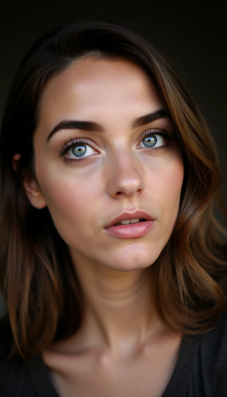 close-up of a feminine woman with big soft blue eyes, long dark lashes, defined cheekbones, wavy brown hair cascading over one shoulder, sensual yet innocent expression, slightly open lips, natural glossy skin texture, shot in soft afternoon window-light with shallow depth of field, polish girl,low-angle shot, chin lifted, confident gaze upward, dramatic overhead beam, dark vignette edges




