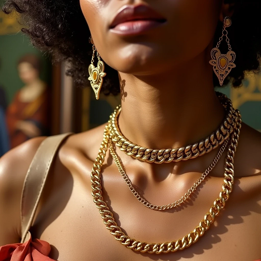 Gucci Jewelry Campaign
Shot on Leica S3, 100mm f/2, ISO 100, 1/125 sec. Extreme macro of model's neck and décolletage adorned with layered gold necklaces. Light olive brown skin texture captured in microscopic detail. Lighting: Ring light main + two strip boxes for dimension. Background: Hand-painted silk backdrop suggesting Italian Renaissance.
 CSTMDL