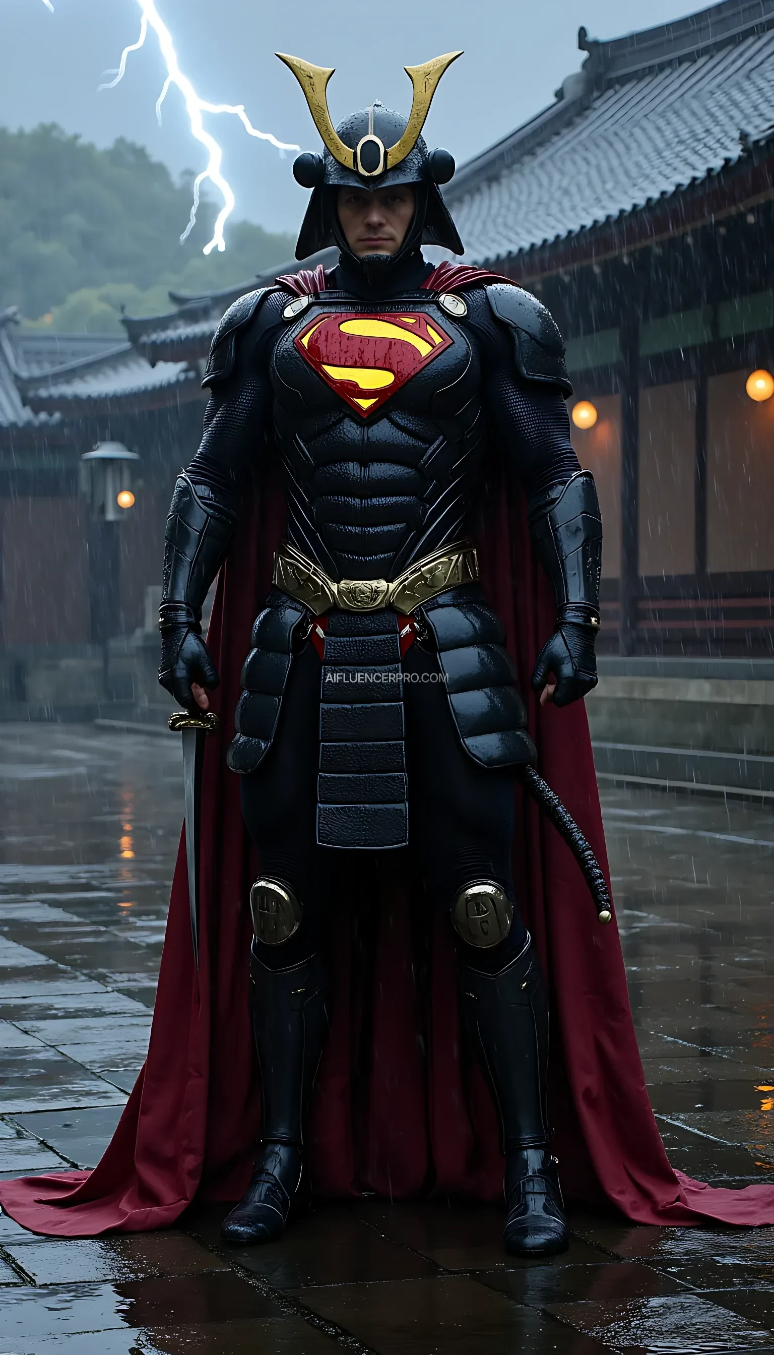 A photorealistic Superman wearing a majestic samurai-inspired suit, combining traditional Japanese armor with futuristic design. The samurai armor features intricate, metallic plating, with glowing accents that emphasize the advanced technology within. The iconic 'S' symbol is subtly integrated into the chest plate, radiating an aura of power. He wears a modernized samurai helmet, its sleek lines dripping with rain as water streams down his armor. Superman grips a katana firmly in one hand, the blade shimmering under the pouring rain, while droplets cascade from its edge. The scene is set in an ancient Japanese temple courtyard during a torrential downpour. Thunder rumbles in the distance, and flashes of lightning briefly illuminate the darkened sky. Puddles form on the stone ground, reflecting the temple's towering silhouette. Superman stands poised, his cape soaked and clinging to his body, as he prepares for an intense battle amidst the dramatic, rain-soaked atmosphere.