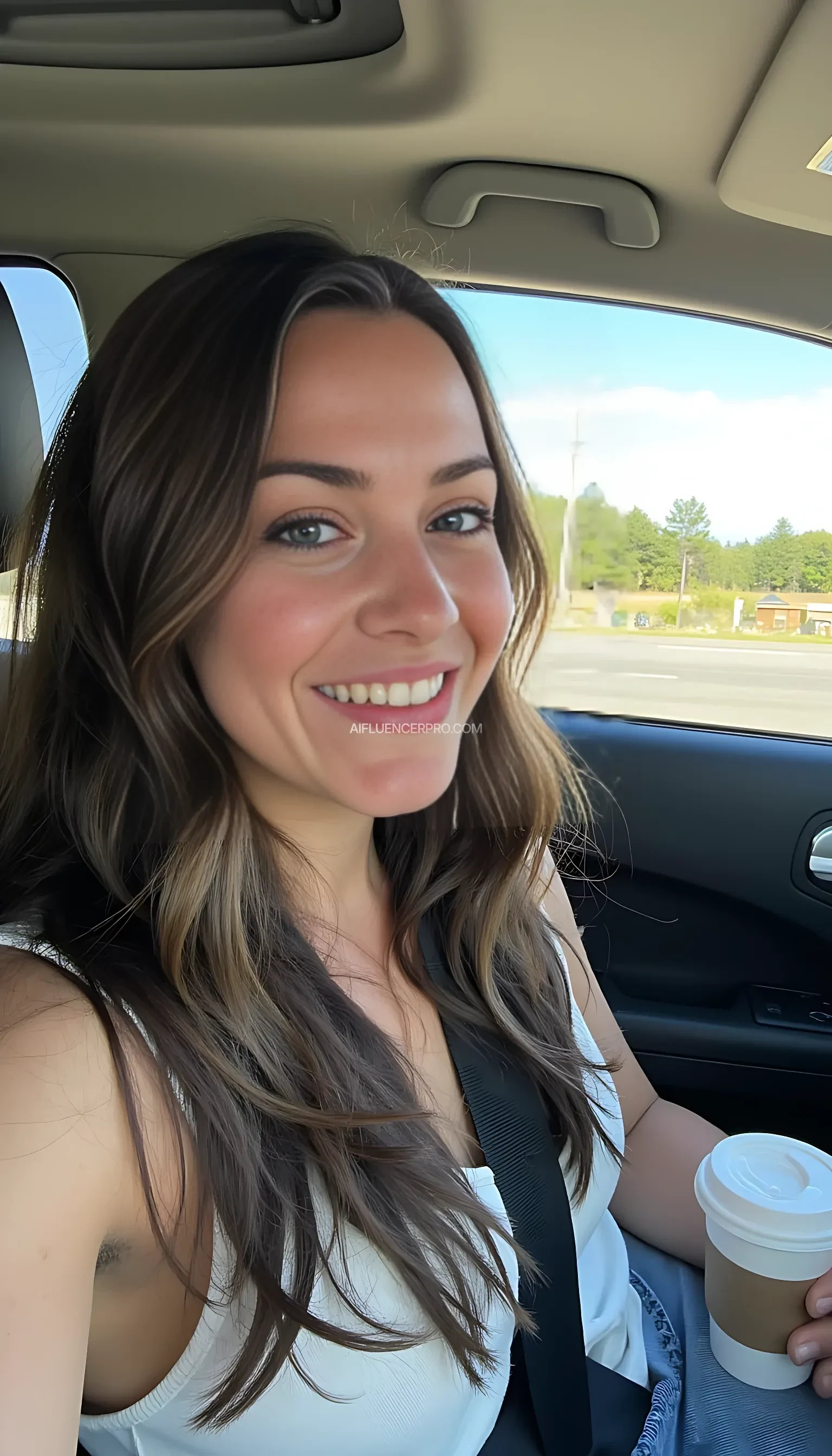 boring low quality snapchat photo circa 2015, A young woman with a warm smile, sitting in the driver's seat of a cozy car. She has soft, wavy brown hair cascading past her shoulders. The sunlight streams through the window, casting a gentle glow on her face. The interior of the car is neat and comfortable, with a coffee cup in the cup holder and a small plant on the dashboard. The background outside the window shows a scenic road lined with trees and blue skies
