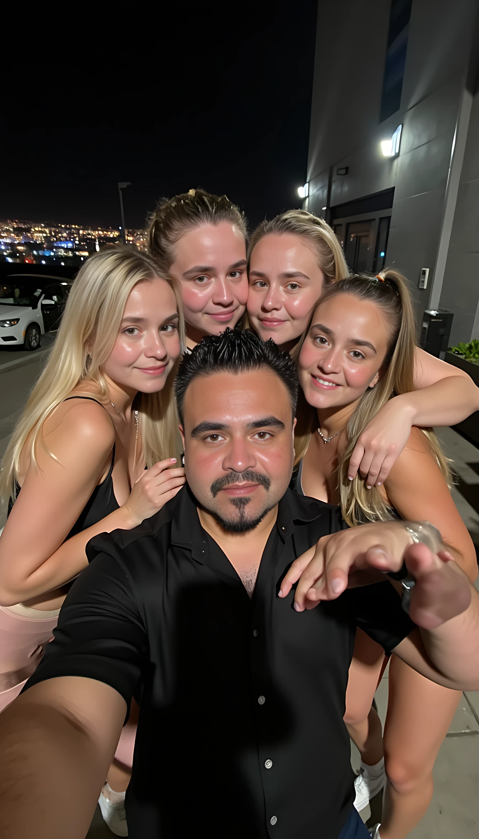 Selfie in a  mirror full man body wearing a  nice black dress shirt   Hugging with 5 blonde girls with blue eyes in a  big city night lights background 
