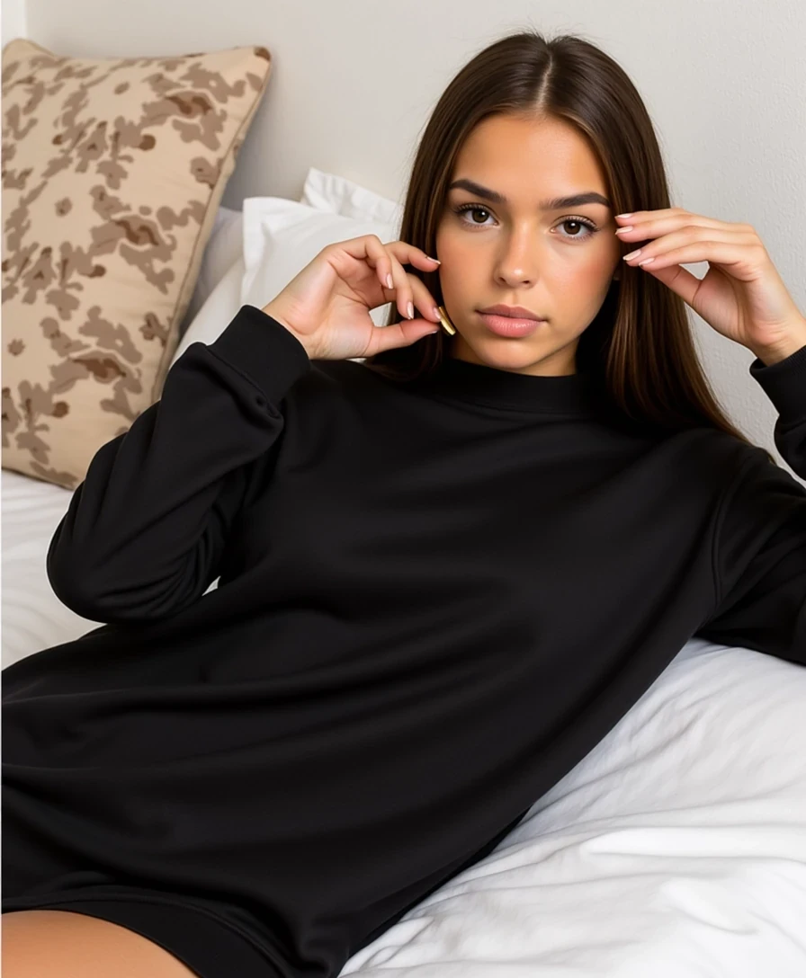 picture of a CSTMDL 5:4
Big tits. Big booty. No hip dips. Fit. Wide hips.
She is an 18-year-old girl with long, smooth, medium-dark brown hair (straight to slightly wavy), parted near the center. Her eyes are large, almond-shaped, and warm brown with full lashes and arched brows. She has an hourglass figure: height ~64 in, bust 36 in (28 in underbust), waist 24 in, hips 39 in. Bust is full and projected, waist narrow and flat, hips broad and rounded with lifted glutes. Thighs are full (~24 in), tapering to proportional calves. Arms are slim (~9 in upper arm), shoulders softly broad and balanced with hips. Neck medium, torso compact with a narrow ribcage, legs long relative to torso. Posture upright with mild anterior pelvic tilt. Skin is smooth, lightly tanned, and even-toned.
Scene/Background:
The image is taken indoors, in what appears to be a cozy bedroom or lounge area. The subject is lying on a bed with crisp, white bedding, which adds a fresh and soft contrast to the darker clothing. A patterned cushion with beige and tan tones is partially visible in the background, adding warmth and a subtle decorative touch to the otherwise minimal setting.
Position:
The subject is reclining sideways on the bed, with her head resting on a pillow and her body comfortably nestled against the bedding. One arm is bent, her hand resting close to her lips, while the other is slightly out of frame. Her gaze is directed toward the camera, giving the image an intimate, relaxed, and candid feel.
Clothing & Accessories:
She wears an oversized black sweatshirt, which drapes loosely over her frame and adds to the casual, cozy aesthetic of the photo. The sleeves are long enough to cover part of her hands, enhancing the laid-back, comfortable vibe. Accessories are minimal but noticeable — small hoop earrings and subtle golden jewelry add a refined touch against the simplicity of her outfit.
Lighting:
The lighting is soft and natural, likely coming from a nearby window, gently illuminating her face and highlighting her natural features. The balance of light and shadow enhances the cozy mood, making the setting feel calm and warm.
Facial Features & Expression:
Her face is the focal point of the image. She has a smooth, even complexion with faint freckles that give her a natural, youthful appearance. Her full lips, slightly pursed, and expressive eyes framed by long lashes, create a soft, thoughtful, almost dreamy expression. Her relaxed pose and subtle look into the camera evoke calmness and understated allure.
Mood/Vibe:
The overall mood of the photo is intimate, cozy, and effortlessly beautiful. It captures a quiet moment of rest, with the oversized sweatshirt and bedding reinforcing a sense of comfort and softness. The image blends casual realism with subtle elegance, making it feel both relatable and aesthetically pleasing.