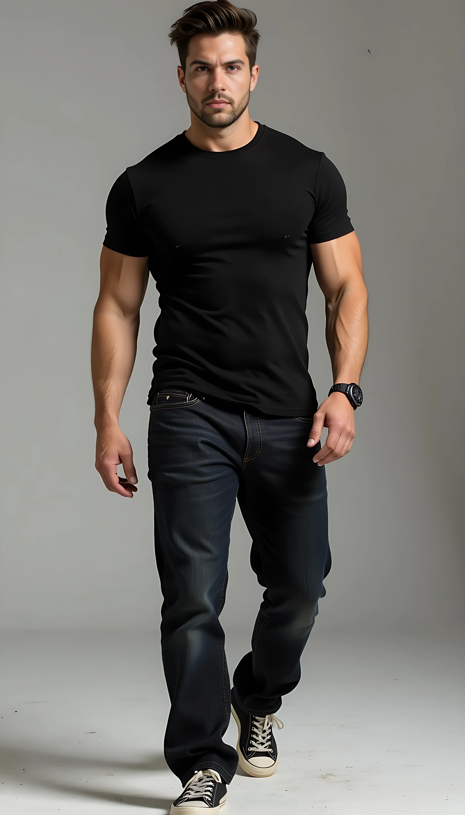 Create a character who exudes a commanding yet effortlessly relaxed presence. He is a tall, imposing figure standing at approximately 6'3" and weighing around 250 pounds of lean, well-defined muscle. His physique is powerful, with broad shoulders and muscular arms that are accentuated by a fitted black T-shirt. His dark denim jeans hug his thighs, emphasizing his strong, athletic build, and he wears casual tennis shoes that ground his look in an approachable, laid-back style.
His dark brown hair is styled with a modern edge: trimmed shorter on the sides, with longer, tousled strands on top that fall in an intentionally unkempt, "just rolled out of bed" manner, giving him a rugged yet effortlessly attractive appearance. His face is striking, with a straight nose and a chiseled, smooth jawline that occasionally twitches with a subtle tic, hinting at an underlying intensity or restlessness. His most captivating feature is his emerald eyes, so dark they seem to hold secrets, drawing attention with their depth and intensity.
He moves with a confident, unhurried ease, as if he has all the time in the world to reach his destination, exuding a sense of self-assuredness and control. His overall demeanor suggests a blend of strength, mystery, and casual charm, with an air of someone who is both approachable and enigmatic, leaving others curious about the story behind his piercing gaze and relaxed stride.
