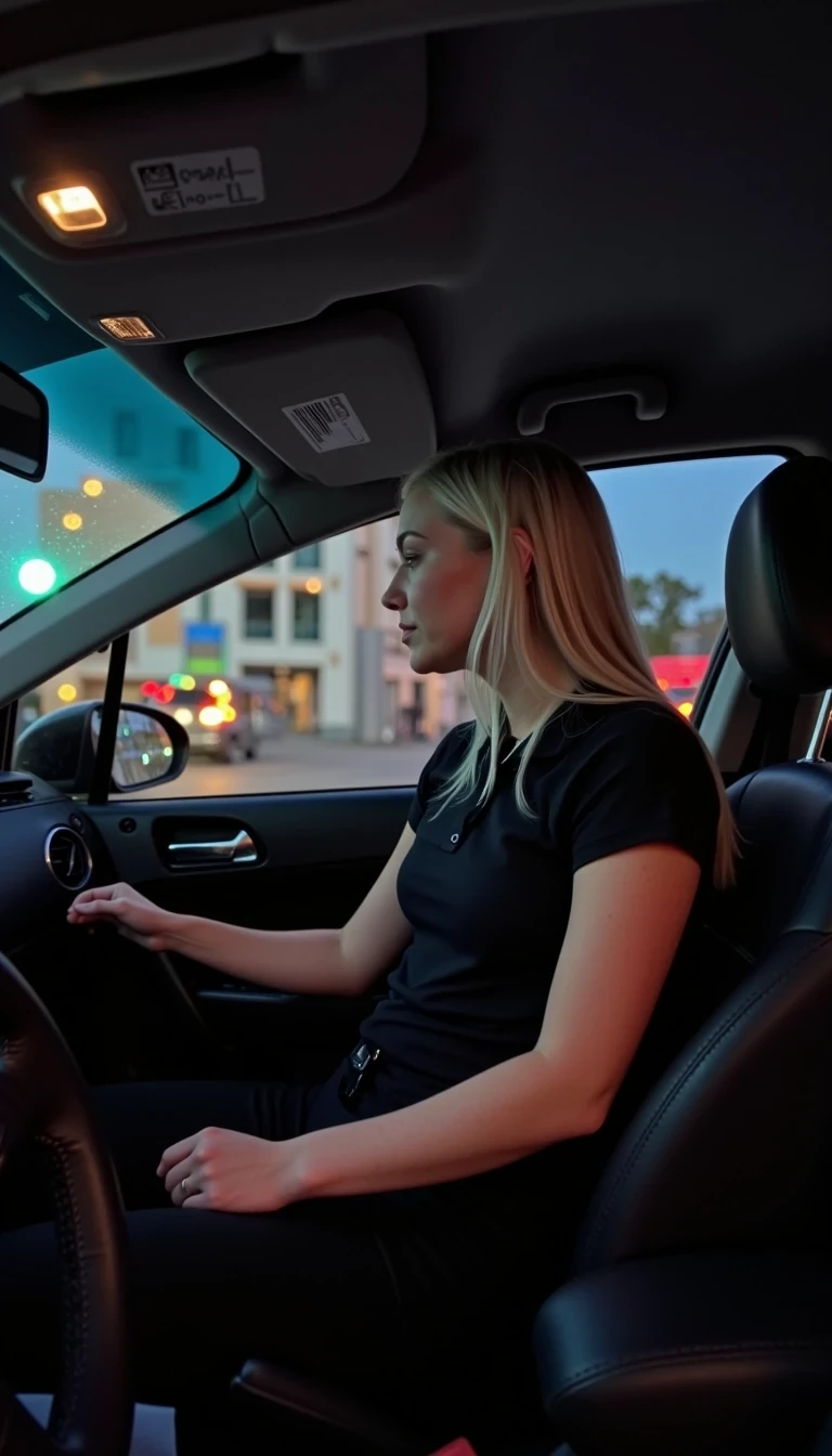 CSTMDL, Hailey, Hyperrealistic cinematic portrait of an early 20 woman driving her silver Toyota Corolla 2015 at night, illuminated by soft neon reflections from city lights. She looks relaxed yet slightly tired after work, her long blonde hair gently catching the glow of passing streetlights. she is wearing a fitted black short-sleeved polo shirt, tucked into slim black pants, no visible accessories; The windshield shows blurred reflections of headlights and taillights in motion, creating a dreamy atmosphere. A subtle warm light highlights her face while cool blue tones from the dashboard softly contrast. The background hints at urban buildings and quiet streets as she heads toward her apartment. Photorealism, analog film texture, crisp details, cinematic depth of field, night photography aesthetic.