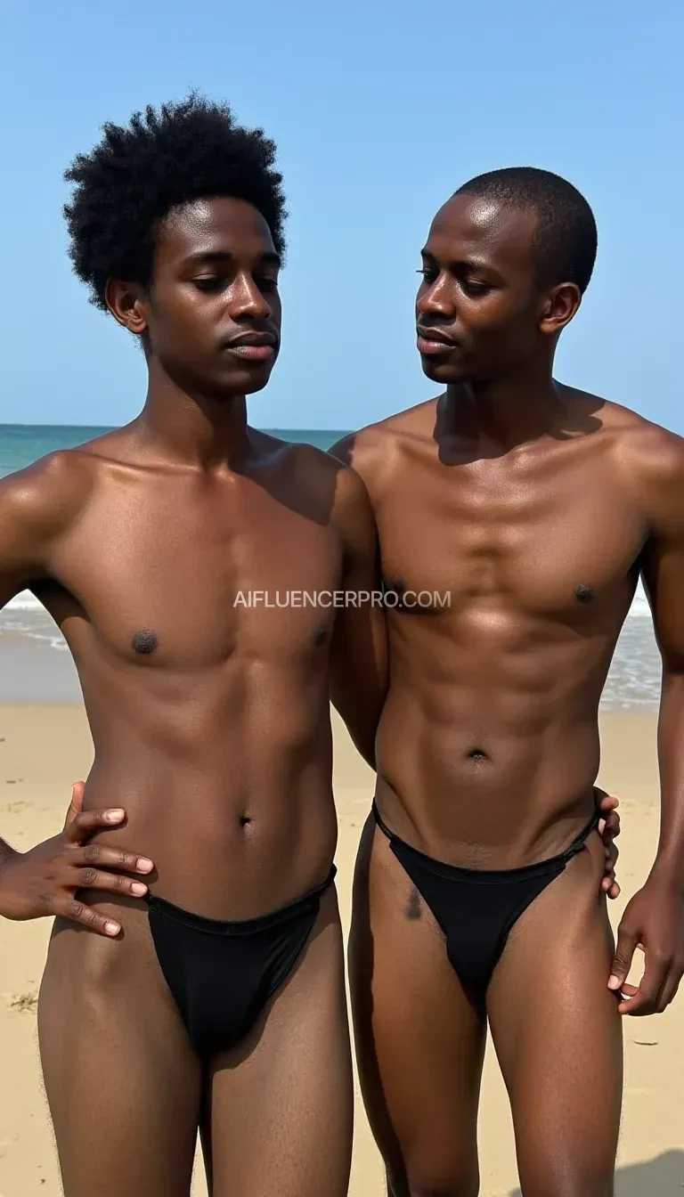 Old black lady with afro black hair standing nude in the sun with young man