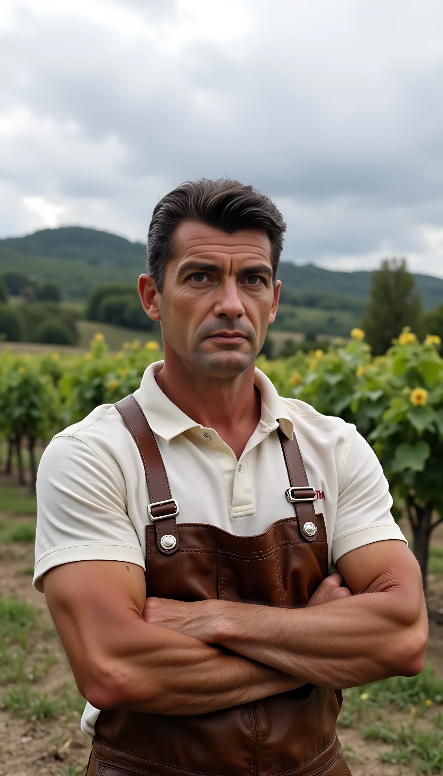 photo is taken in 2020. It's an 8k high quality photo of man CSTMDL, in his forties, black hair with some white hairs due to age, blue eyes. His arms are crossed on his chest in front of his french wineyard situated in Burgundy. He's proud of his domain and of his wine and is wearing some simple winemaker attire with a brown leather apron. He's well built, quite muscular and athletic for his age. he looks like a man you don’t mess with. 