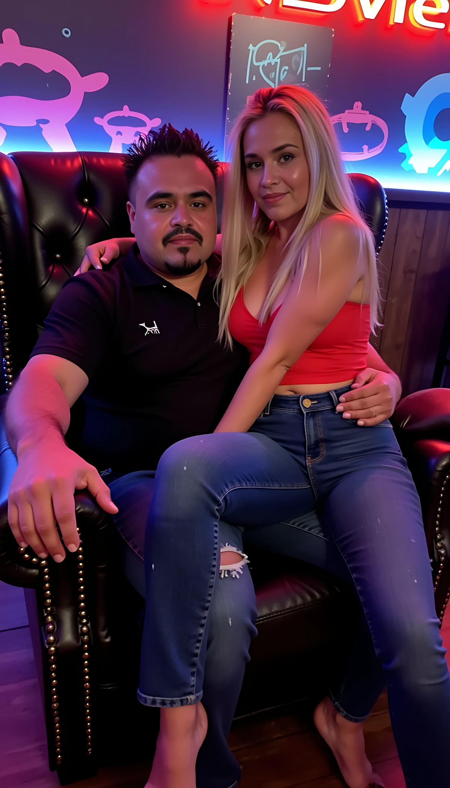 Man full average body seating on a king chair with a beautiful blonde woman with blue eyes wearing sexy jeans seating on his lab with a night club background 