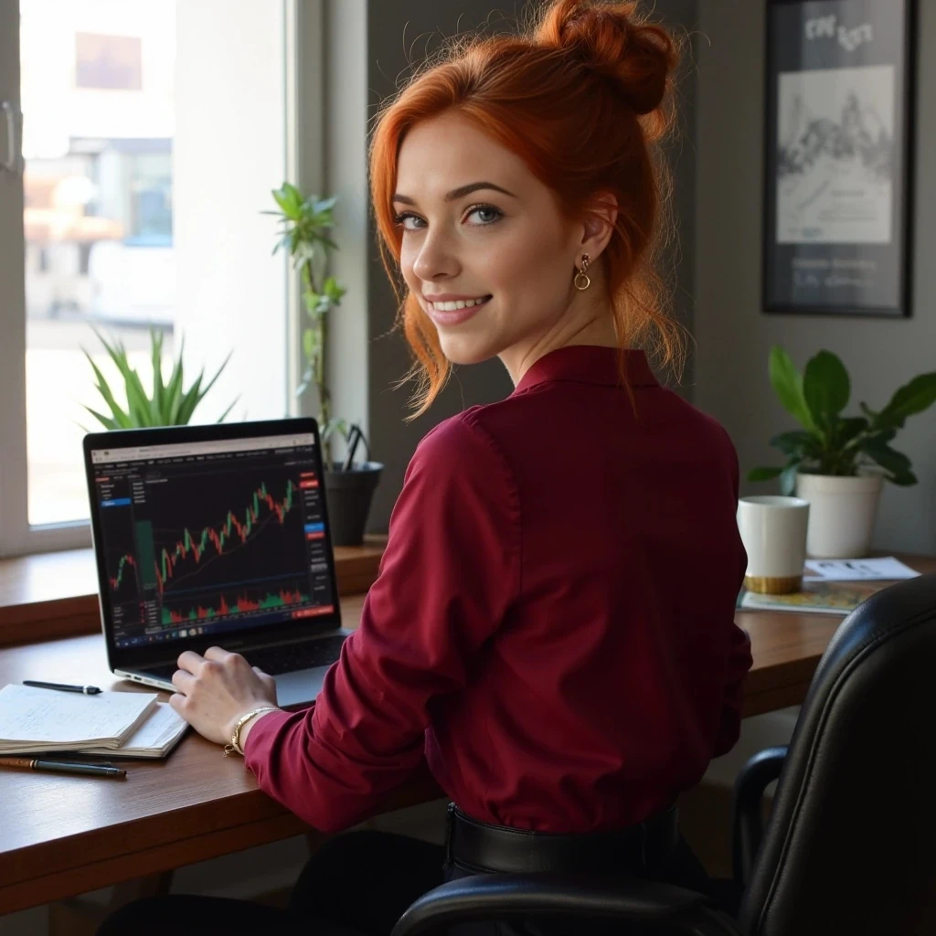 A hyper-realistic portrait of Ember, a stunning redhead woman, sitting in a modern home office with natural daylight streaming through a window, fiery red hair in a loose bun with strands framing her face, emerald eyes sparkling with confidence, freckled porcelain skin with a soft glow, wearing a tailored crimson blouse with sleeves rolled to elbows, high-waisted black trousers with a sleek leather belt, gold earrings glinting, standing by a wooden desk with a laptop open to stock charts, coffee mug, notebook, and pen nearby, papers slightly scattered, warm smile, photorealistic, 4K, soft natural light, high detail, lifelike textures, cyberpunk vibe, --ar 9:16