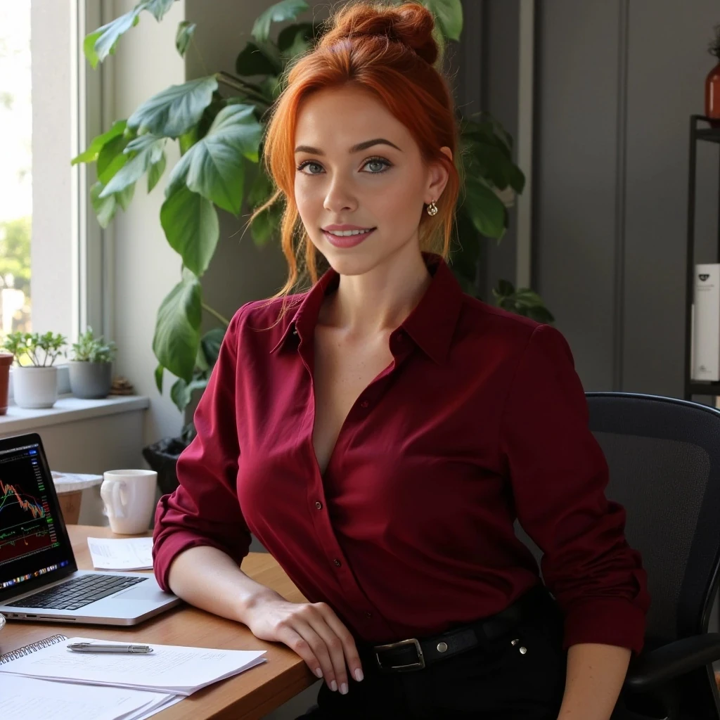 A hyper-realistic portrait of Ember, a stunning redhead woman, sitting in a modern home office with natural daylight streaming through a window, fiery red hair in a loose bun with strands framing her face, emerald eyes sparkling with confidence, freckled porcelain skin with a soft glow, wearing a tailored crimson blouse with sleeves rolled to elbows, high-waisted black trousers with a sleek leather belt, gold earrings glinting, standing by a wooden desk with a laptop open to stock charts, coffee mug, notebook, and pen nearby, papers slightly scattered, warm smile, photorealistic, 4K, soft natural light, high detail, lifelike textures, cyberpunk vibe, --ar 9:16