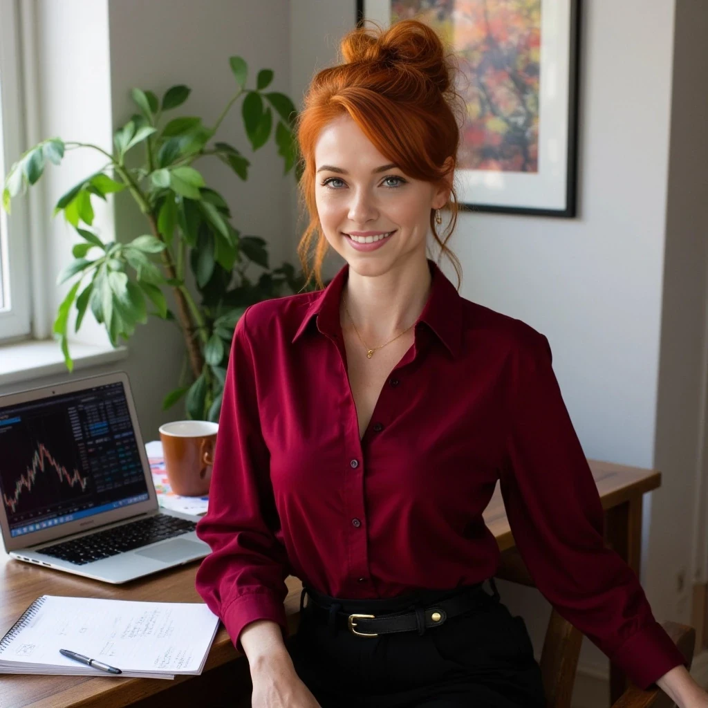 A hyper-realistic portrait of Ember, a stunning redhead woman, sitting in a modern home office with natural daylight streaming through a window, fiery red hair in a loose bun with strands framing her face, emerald eyes sparkling with confidence, freckled porcelain skin with a soft glow, wearing a tailored crimson blouse with sleeves rolled to elbows, high-waisted black trousers with a sleek leather belt, gold earrings glinting, standing by a wooden desk with a laptop open to stock charts, coffee mug, notebook, and pen nearby, papers slightly scattered, warm smile, photorealistic, 4K, soft natural light, high detail, lifelike textures, cyberpunk vibe, --ar 9:16