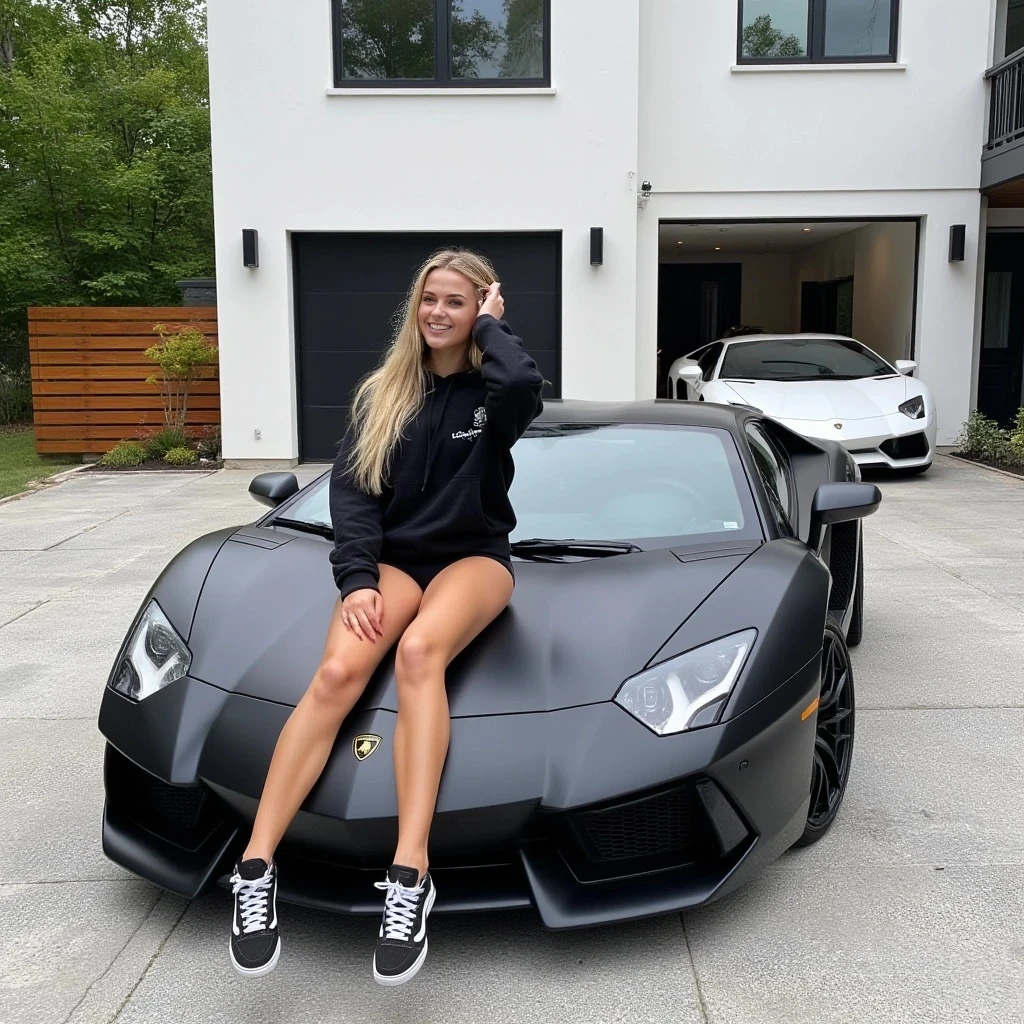 A photograph features a young woman with long soft blonde hair, a fit physique and tan skin, wearing a black hoodie, black shorts, and black-and-white sneakers. She sits on the hood of a black Lamborghini Aventador SV, one hand resting on her head, smiling. The car is parked in front of a massive luxury modern house with two closed garage doors and one open with a white Lamborghini Aventador SVJ parked inside, there is a wooden fence and lush greenery surrounding the property.