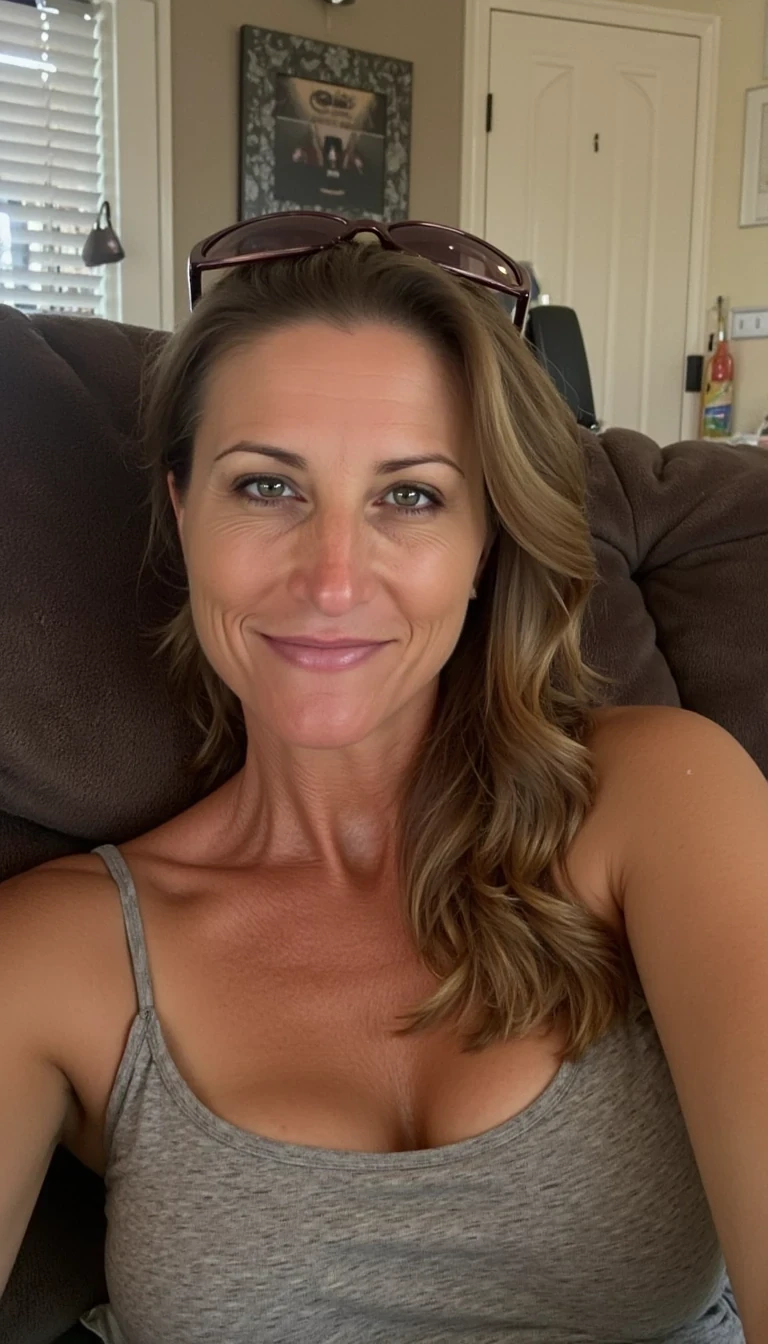 photo of woman sitting on couch holding boobs CSTMDL