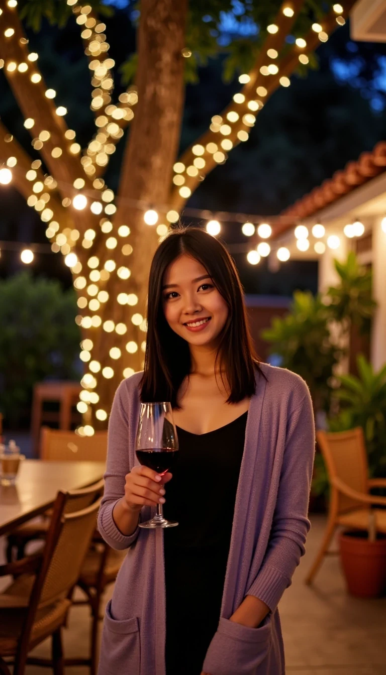 A full body shot photo of Hana CSTMDL standing outdoors at a cozy, warmly lit patio in the evening, with soft, glowing lights wrapped around a tree behind them creating a charming atmosphere. The image is rich in detail, with warm tones and clear textures throughout. She is smiling warmly at the camera, holding a glass of red wine in her right hand, and wears a soft-textured lavender cardigan over a black top. The background features a large tree with sparkling string lights wrapped around its trunk and branches, adding a magical touch to the scene. The setting suggests a private outdoor seating area, with elements like terracotta-tiled roofing, greenery, and rattan chairs contributing to a serene, inviting vibe. The overall composition is balanced, with the woman framed against the softly glowing tree, and the lighting enhances the warm, intimate feel of a quiet evening shared among friends. The details are vivid, with textures of clothing, skin, and background elements clearly visible, while the warm lighting creates a relaxed and joyful mood