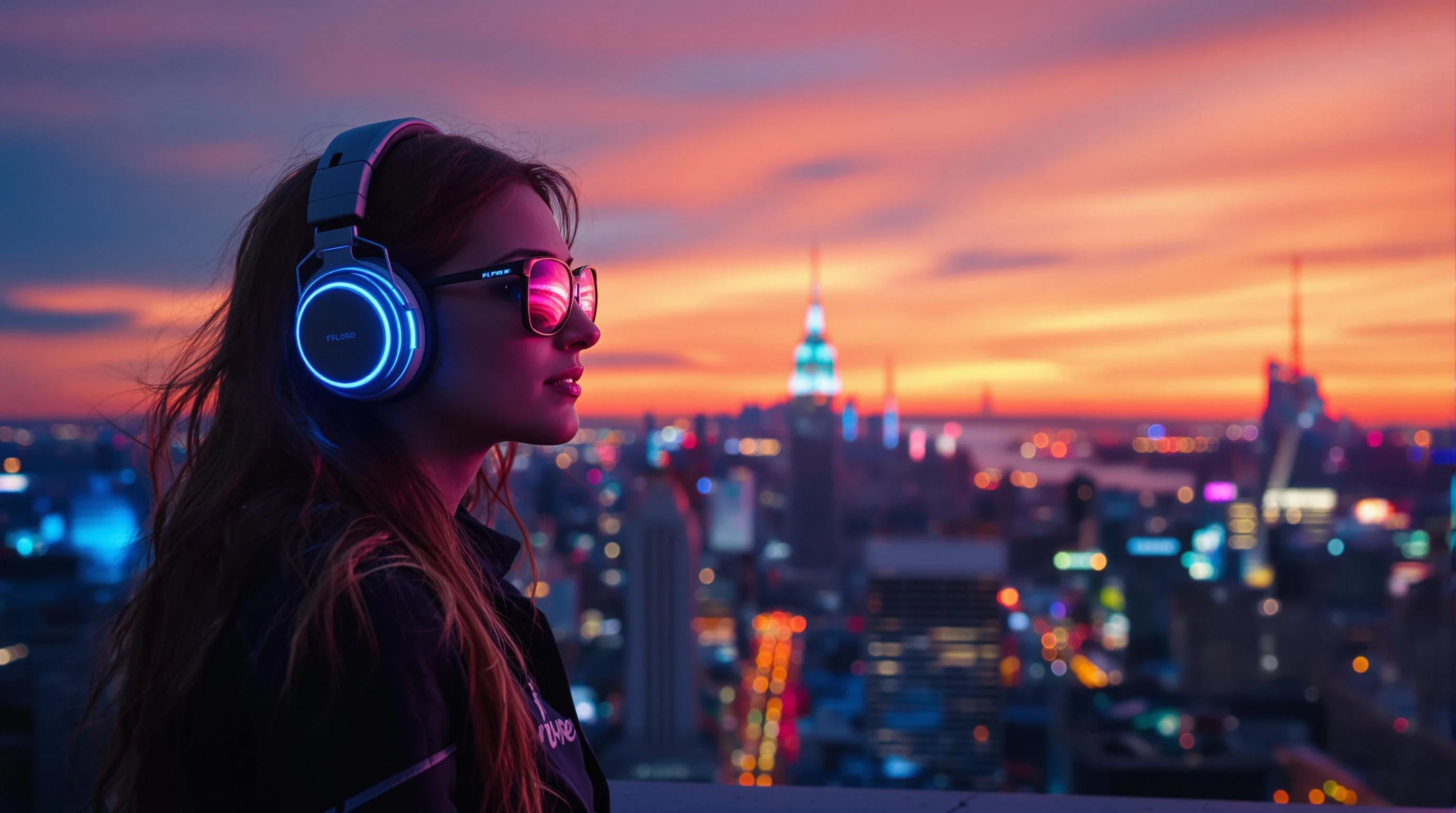 A realistic photo of a stylish young woman with long hair standing on a rooftop at sunset, wearing headphones and looking over a glowing city skyline. The city lights reflect in her sunglasses. She is positioned on the right side of the image, leaving space on the left for a central logo. Moody but vibrant colors with blue and neon pink accents, urban atmosphere, high detail, cinematic lighting, slightly futuristic vibe.

