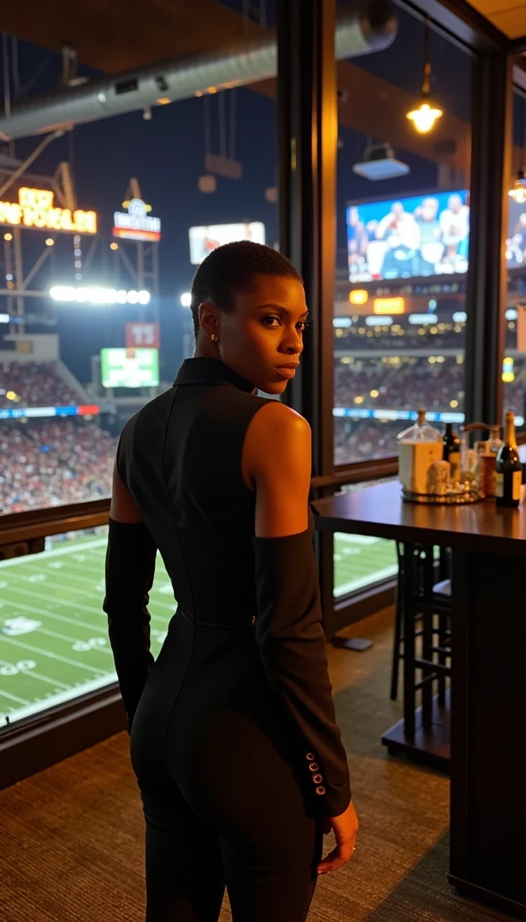 Super Bowl Skybox Elite
Shot on Canon R3, 70-200mm f/2.8, ISO 2000, 1/250 sec. Model in tailored Balmain suit dress against floor-to-ceiling windows. Dramatic stadium lights creating ambiance. Light olive brown skin glowing under warm skybox lighting. Background: Full stadium view, field visible, champagne bar setup. Mixed lighting from screens and architectural fixtures.
 CSTMDL