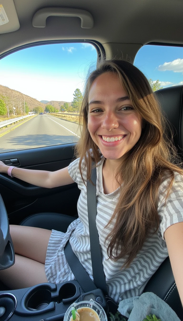 boring low quality snapchat photo circa 2015, A young woman with a warm smile, sitting in the driver's seat of a cozy car. She has soft, wavy brown hair cascading past her shoulders. The sunlight streams through the window, casting a gentle glow on her face. The interior of the car is neat and comfortable, with a coffee cup in the cup holder and a small plant on the dashboard. The background outside the window shows a scenic road lined with trees and blue skies