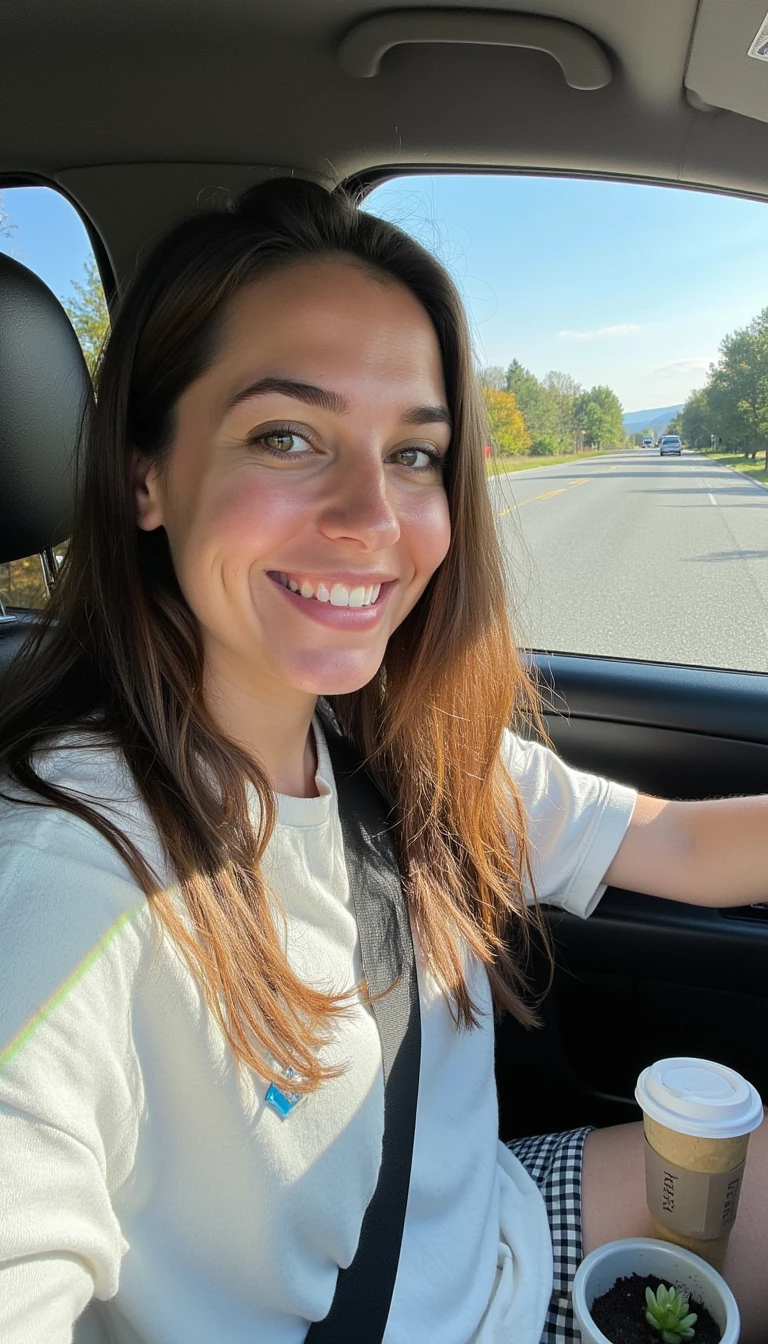 boring low quality snapchat photo circa 2015, A young woman with a warm smile, sitting in the driver's seat of a cozy car. She has soft, wavy brown hair cascading past her shoulders. The sunlight streams through the window, casting a gentle glow on her face. The interior of the car is neat and comfortable, with a coffee cup in the cup holder and a small plant on the dashboard. The background outside the window shows a scenic road lined with trees and blue skies