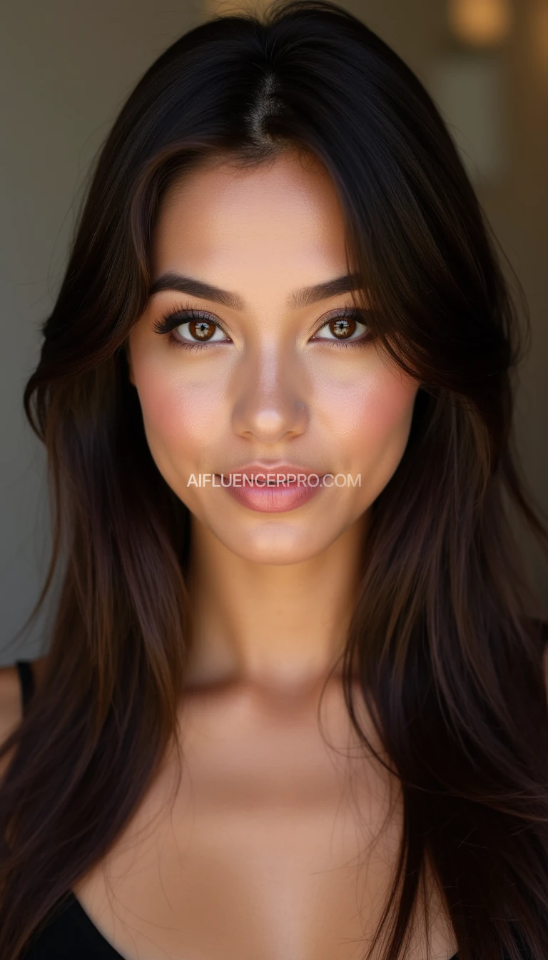 Ultra-realistic portrait of a stunning 19-year-old woman, flawless glowing skin, big almond-shaped hazel eyes, full glossy lips, perfect jawline, long silky dark brown hair, subtle contour makeup, soft flirtatious smile, symmetrical features, warm lighting, looking directly at camera, plain blurred background, 8k photo quality