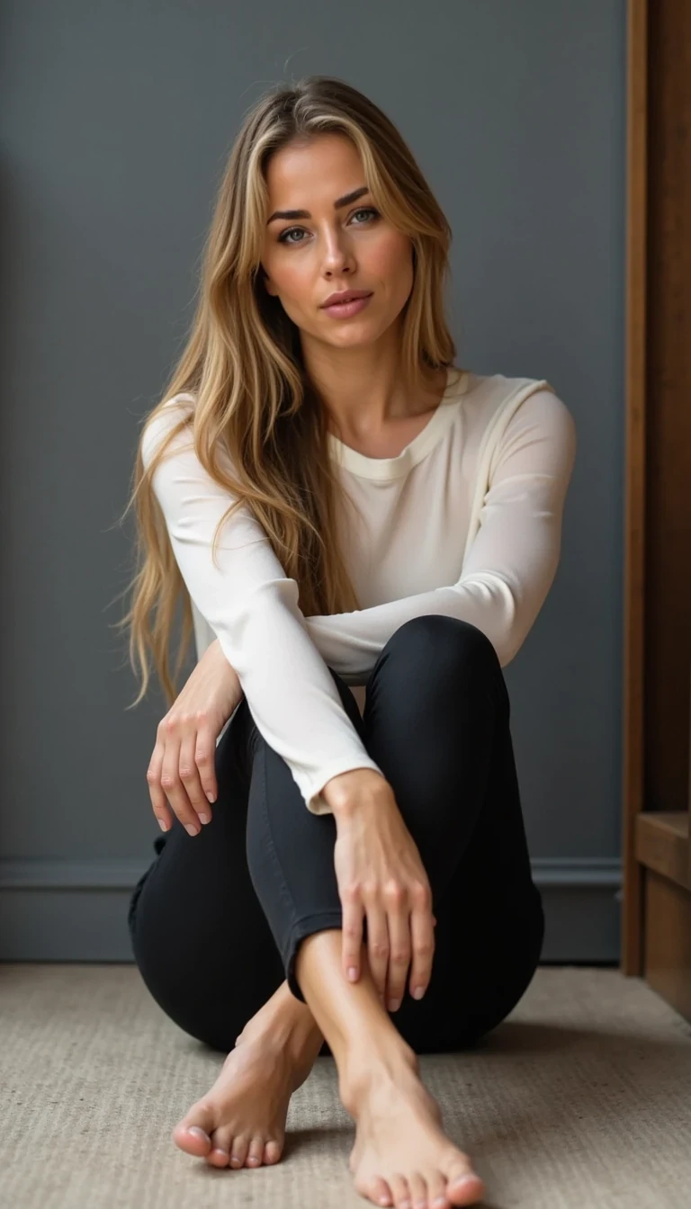 CSTMDL Woman sitting on floor with legs crossed. Leaning back supported by both arms behind her. Comfortable posture with straight back. Direct gaze at camera. Shot from subject's eye level.