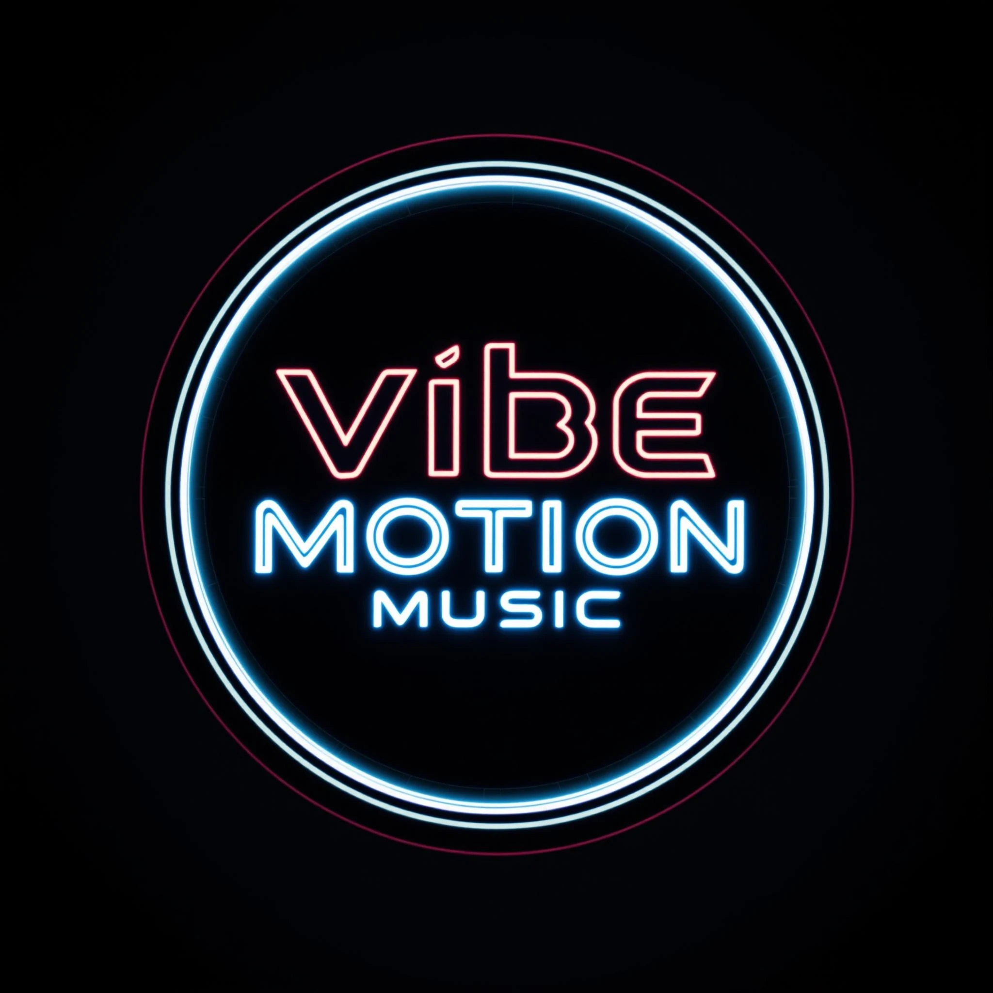 centered circular emblem with bold modern typography inside, glowing neon outline, high contrast black and white design, futuristic clean vector look, symmetrical balance, placed on a soft gradient background (dark blue to black), perfect for music branding" text "Vibe Motion Music" need to be inside. no trap nation music text.
