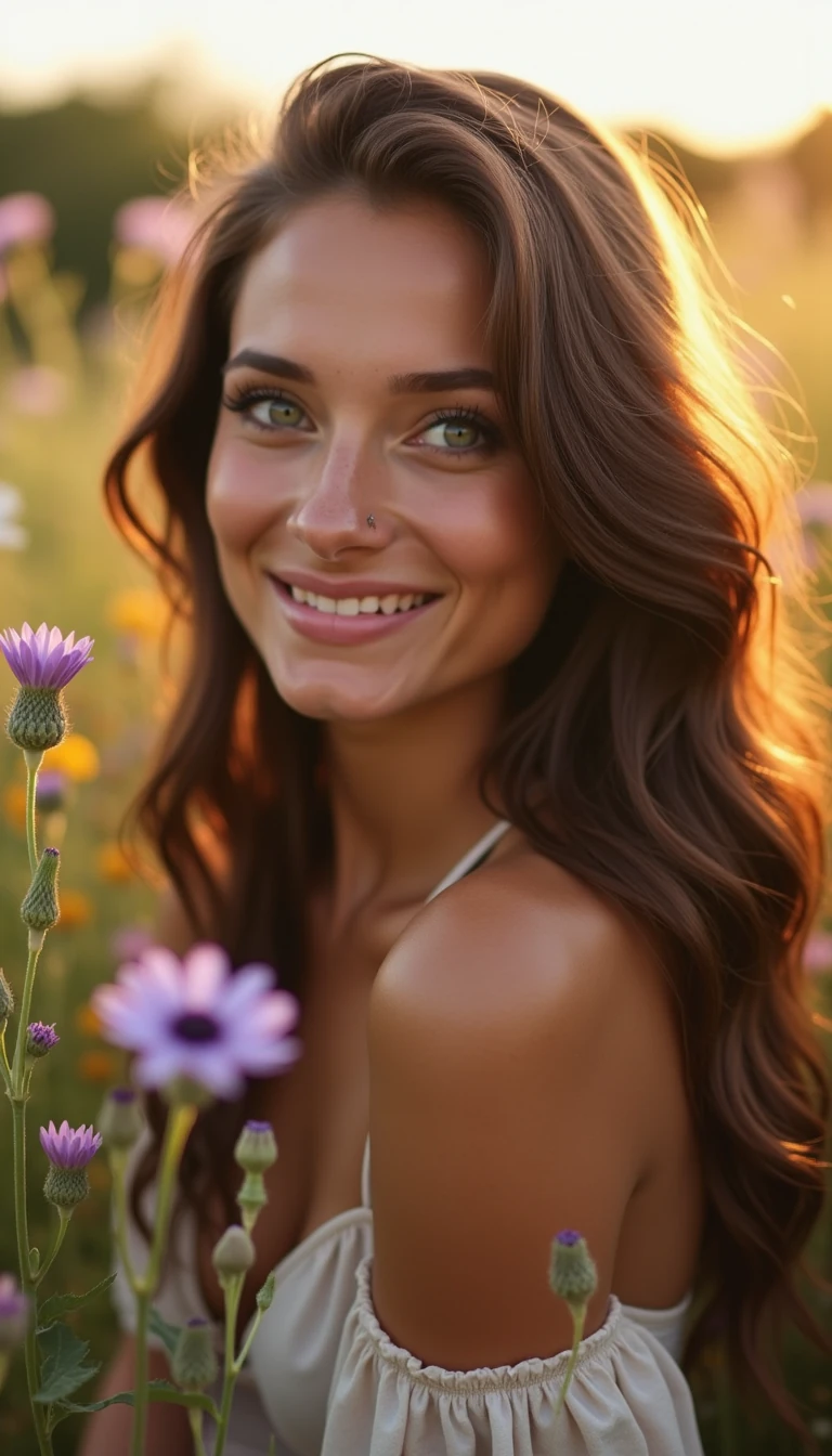 boring low quality snapchat photo circa 2015, A beautiful young woman in her early 20s is captured in a candid photo taken by someone else, outdoors during golden hour. She has a soft heart-shaped face, high cheekbones, and almond-shaped green eyes that sparkle with warmth and presence. Her soft eyeliner and dewy complexion give her a fresh, natural glow. Her full, glossy lips in a rose-pink shade are gently parted or curled into a relaxed smile — the kind that happens when someone catches her mid-laugh or thought.

Her long chocolate brunette hair falls in soft, slightly frizzy waves with subtle highlights, gently tousled by the breeze. A few strands rest across her collarbone or cheek, adding real movement and intimacy. Her lightly tanned skin reflects the golden sunlight beautifully.

She’s standing or sitting among a bed of wildflowers — colors like lavender, pale yellow, soft pinks, and whites — surrounded by gentle greenery and soft, blurred petals in the foreground. The camera frames her from about the chest up or in a relaxed, full-body portrait, as if a friend took the shot while they were walking through the garden.

The lighting is soft and directional from the setting sun, casting warm highlights and creating a dreamy, golden atmosphere. Her expression is open and effortless — like someone just said her name, and she turned with a soft smile.

Use realistic facial features, natural body proportions, glowing ambient light, real floral textures, and authentic framing. Avoid distortion, overly posed angles, or artificial enhancement.