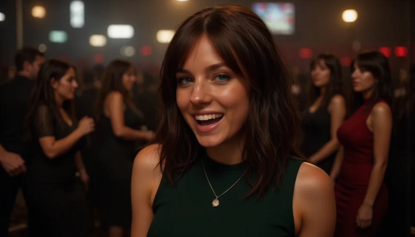 Low quality photo of woman CSTMDL smiling widely Wearing a plain dark green dress  and a plain necklace 
sweaty worn makeup exhausted, dancing on dancefloor of a crowded Nightclub night, bad lighting, misty