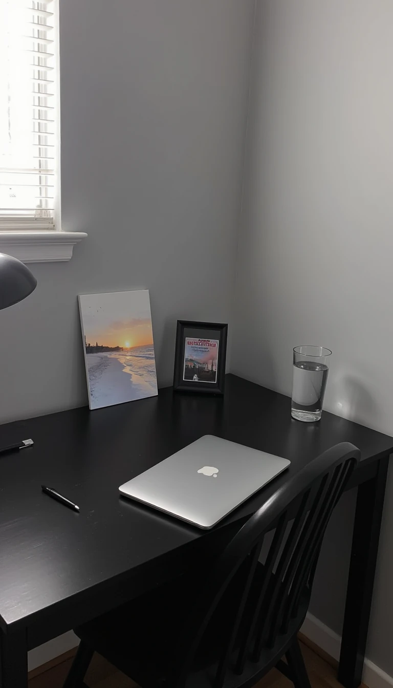 boring low quality snapchat photo circa 2015, this picture is being taken of a black desk in the corner of a room touching the grey walls to the right of the desk and behind the desk. The desk has an all black pen, a macbook air, a picture of a beach and a glass of water on it. 