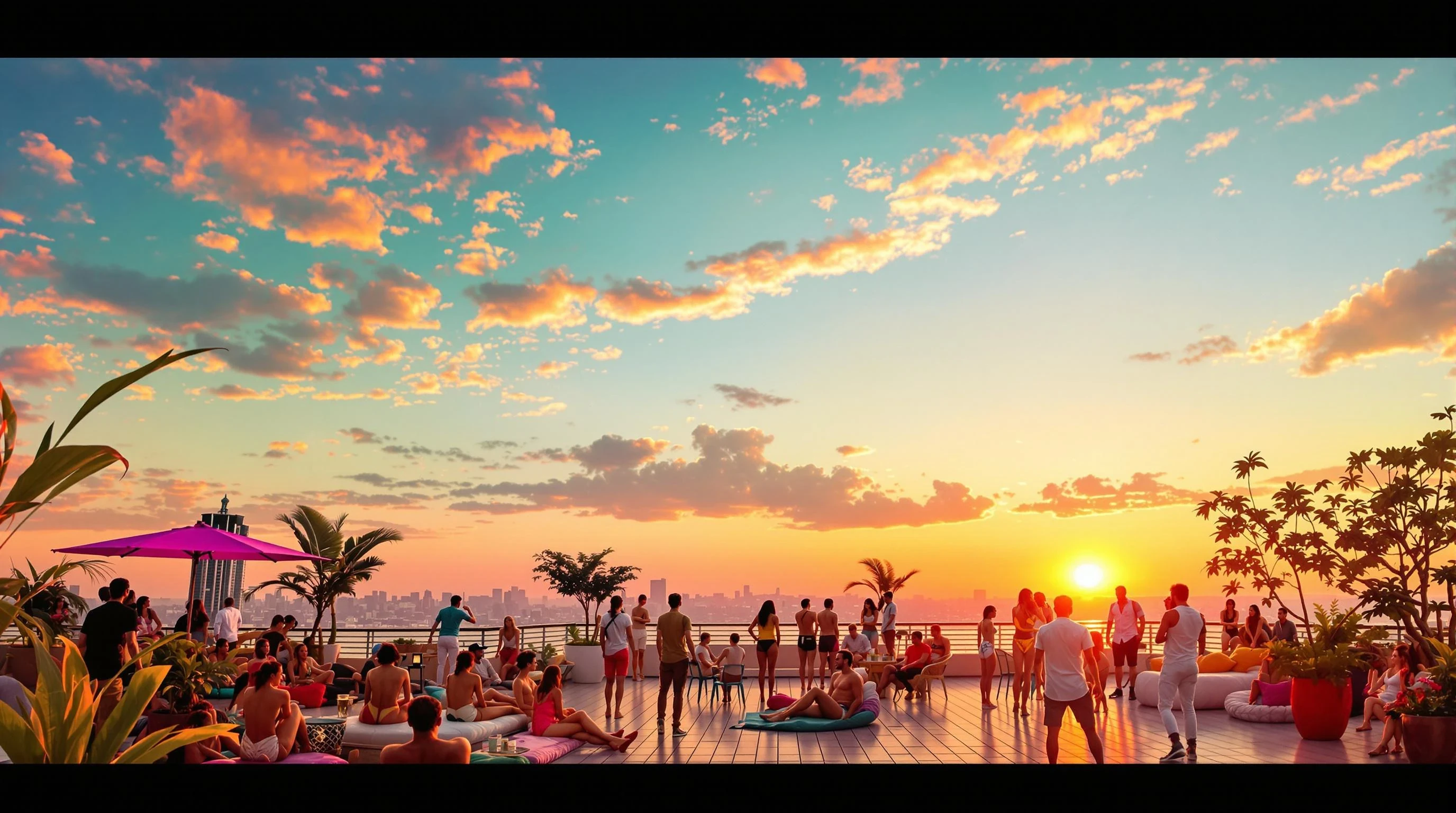 A vibrant urban rooftop party scene during sunset, with colorful lighting, soft golden hour tones, tropical plants, and stylish people relaxing and dancing. Cinematic 4K ultra-realistic photography, warm bright colors like orange, teal, and pink. Open space on the right side for text overlay.