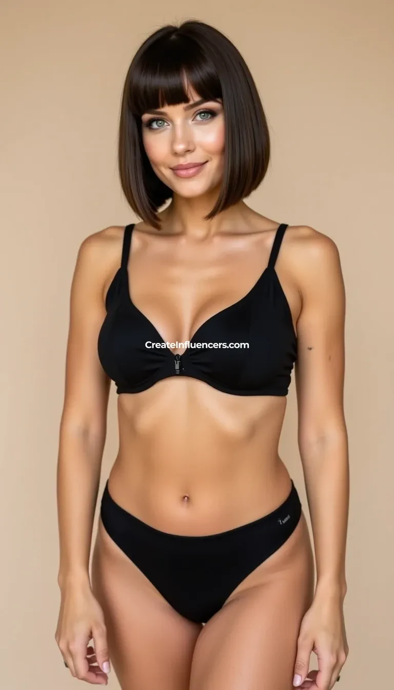 Medium full shot of quality CSTMDL An 20-year-old a gaming girl with cute face, bigger boobs, bigger hips, bigger boobs under the clothes, extreme short hair and green eyes, lightly tanned skin, extremely, detailed skin, she is 4.9 inches tall, clean face, The body has a highly defined hourglass shape, The waist is very narrow at around 20 inches, creating a noticeable inward curve from the ribs to the hips, The hips measure about 39 inches, smoothly widening from the waist into full, rounded curves, The abdomen is flat with light vertical muscle tone visible, showing definition but not bulk. bigger boobs,A portrait of a confident young woman in a black bikini, standing against a soft, neutral-colored background. The model possesses a strong athletic physique with toned abs and defined arms, exuding a sense of empowerment and self-assurance. Her sleek, shoulder-length hair frames her face, highlighting her warm, captivating smile. The lighting is bright and even, casting soft shadows that enhance her features while maintaining a clean and fresh aesthetic. The composition is centered, with the model occupying the foreground while maintaining a minimalistic environment that draws focus to her. The style is contemporary and fashionable, with an emphasis on beauty and body positivity. The use of high-resolution photography captures the subject's details, showcasing her skin tone and the texture of the bikini fabric, creating a vibrant yet serene atmosphere. This setup invites viewers to appreciate the blend of confidence, beauty, and modern fashion sensibilities.Details: Bright s shot, slight Dutch angle Details: Bright smile, High Detail, 4K, better quality, bare feet, bigger boobs,
