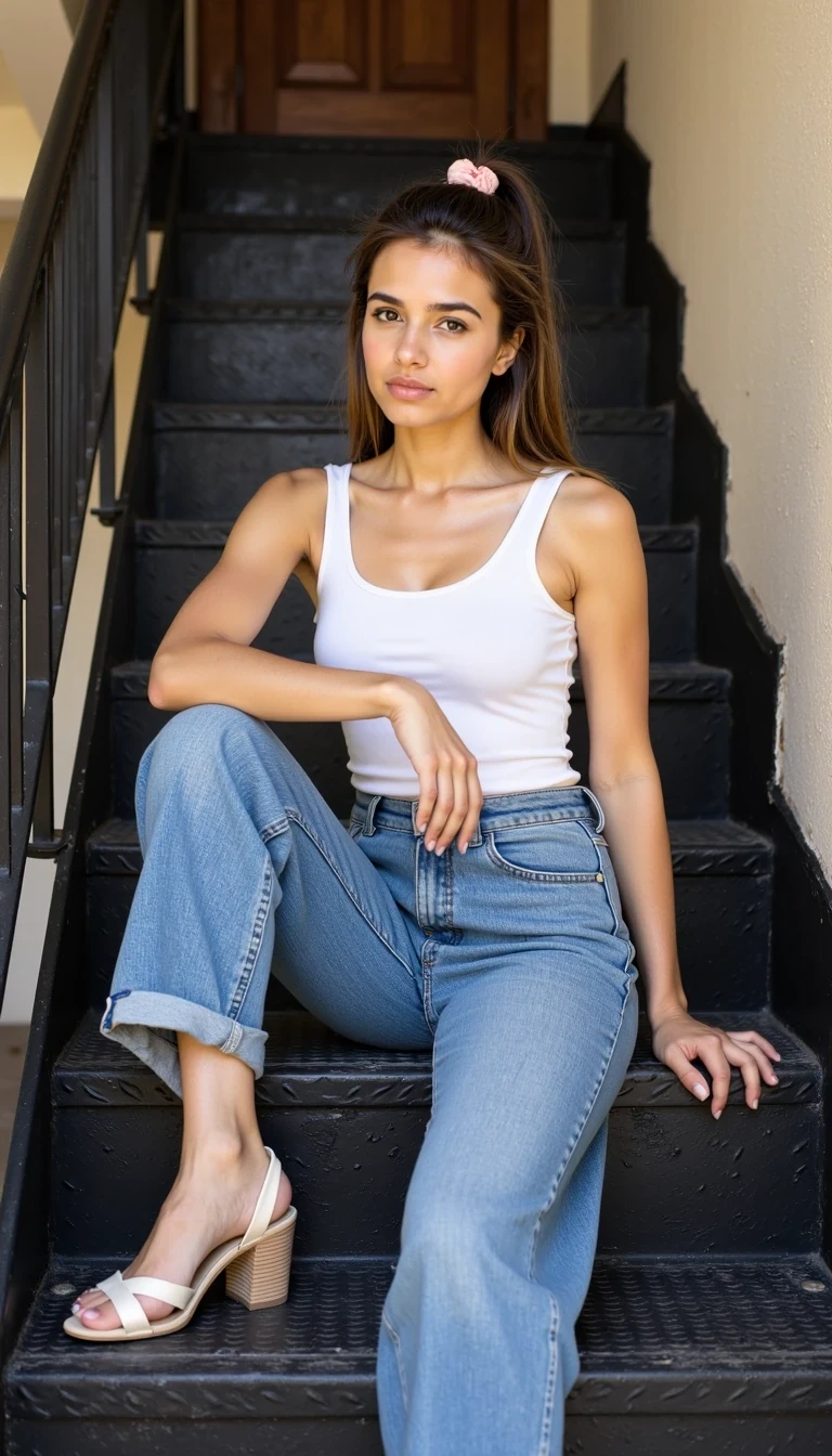 IMG_2478.HEIC, iphone  shot of CSTMDL, a young 19 hears old woman. The image captures a young woman seated casually on a staircase, showcasing a relaxed  style. She is wearing a fitted white tank top, which accentuates her figure, and loose high-waisted denim jeans that are slightly rolled at the cuffs, revealing her stylish open-toe heeled sandals. Her long hair is styled in a casual ponytail, accessorized with a scrunchie. The woman appears to have a confident yet laid-back demeanor, reflected in her pose, with one leg draped over the other and her arm resting casually on her knee. The background features a textured black metal surface of the stairs and a beige wall with architectural details, contributing to the urban aesthetic new york street style. The lighting is soft and diffuse, likely natural sunlight, casting gentle shadows that enhance the outfit's textures. The overall color palette is neutral with hints of denim blue, white, and soft brown, creating a harmonious look. The image is framed with a shallow depth of field, focusing on the woman and slightly blurring the background, emphasizing her as the central subject. The composition follows the rule of thirds, with the subject off-center, creating visual interest.