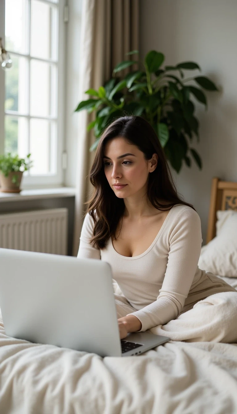 Close-up of woman sitting on a bed with laptop, knees pulled up, light bedsheets and greenery in the background, focused expression, CSTMDL woman