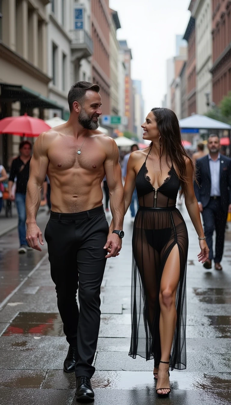 boring low quality snapchat photo circa 2015. Photo of a buff fit man. He’s wearing black suit pants. He has no shirt walking on a busy urban street a sexy woman wearing a see-through long dress walking next to him holding his hand. He is facing the camera. Its raining and both characters are wet and smiling. 