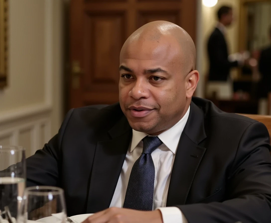 Magazine shoot,  White House dinner, same face of Carter with bald head, lean look, cstmdl
