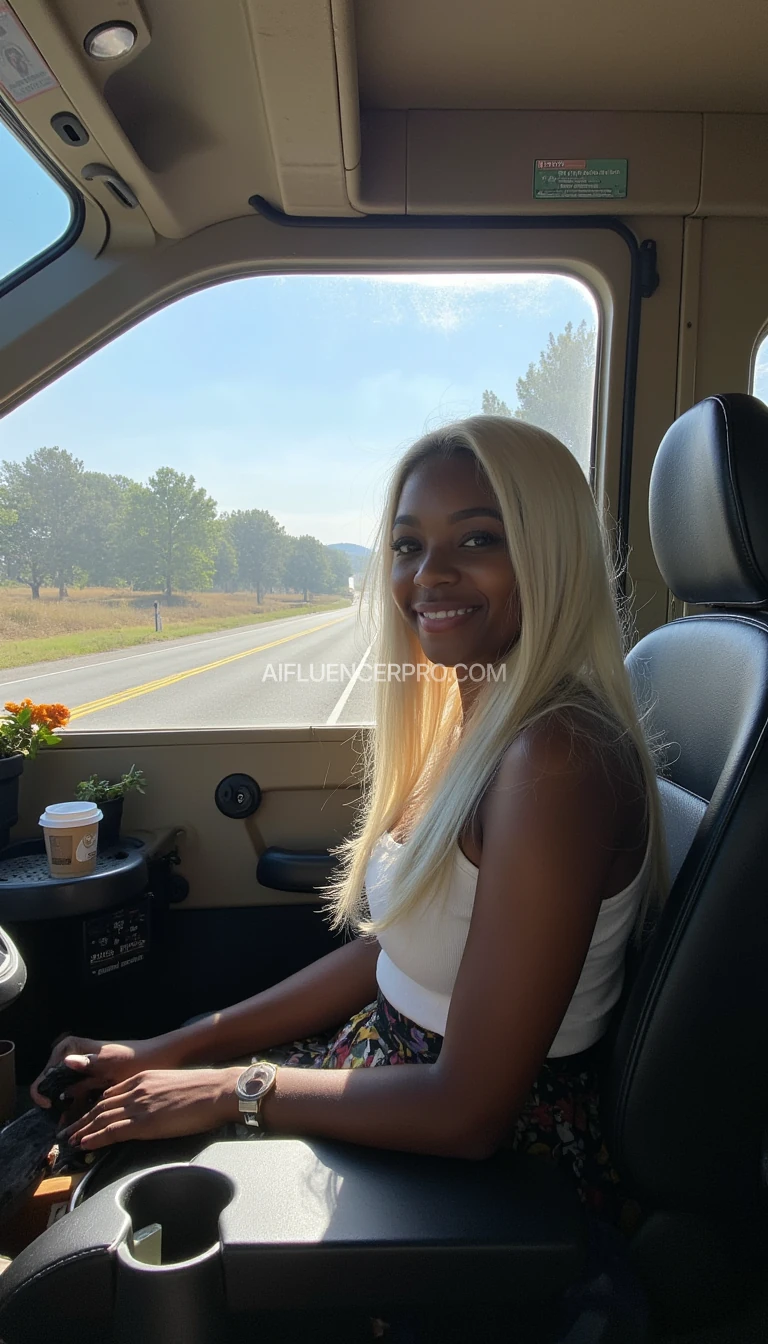 boring low quality snapchat photo circa 2015, A young darkskin woman with a warm smile, sitting in the driver's seat of a cozy spaceship cockpit. She has soft, sleek platinum blonde hair cascading past her shoulders. The sunlight streams through the window, casting a gentle glow on her face. The interior of the spaceship is neat and comfortable, with a coffee cup in the cup holder and a small plant on the dashboard. The background outside the window shows a scenic road lined with trees and blue skies