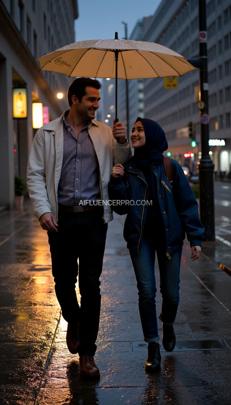Photorealistic Superman walking through the rain with his partner on a dark, wet city street. His white jacket, is lifted with one hand and the other hand by his partner, stretching like an improvised umbrella to shield them from the falling rain. Superman wears matching black trousers, his face glowing with a warm smile as he looks toward his partner. His partner, dressed in a navy hijab, a blue jacket, and jeans, smiles softly as she holds the edge of the jacket with her hand. The puddles on the street reflect the shimmering city lights, creating a romantic and cinematic atmosphere amidst the rain.