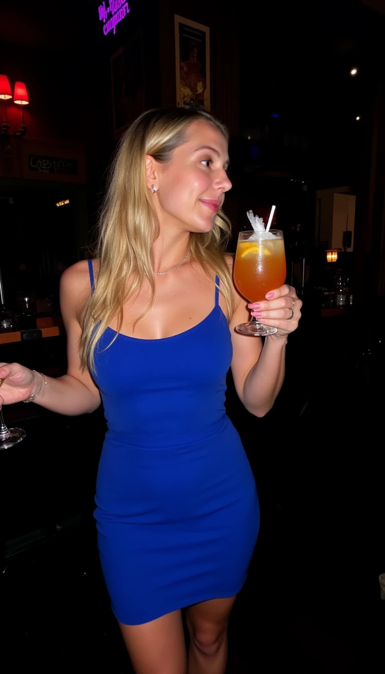 Show Beth in a manchester nightclub wearing a small blue dress with cocktail in hand. Shes looking away from the camera so the side of her face is showing and shes holding a small aperol spritz. the photo is taken on an iphone 12 max. her dress has spaghetti straps and is a figure hugging
