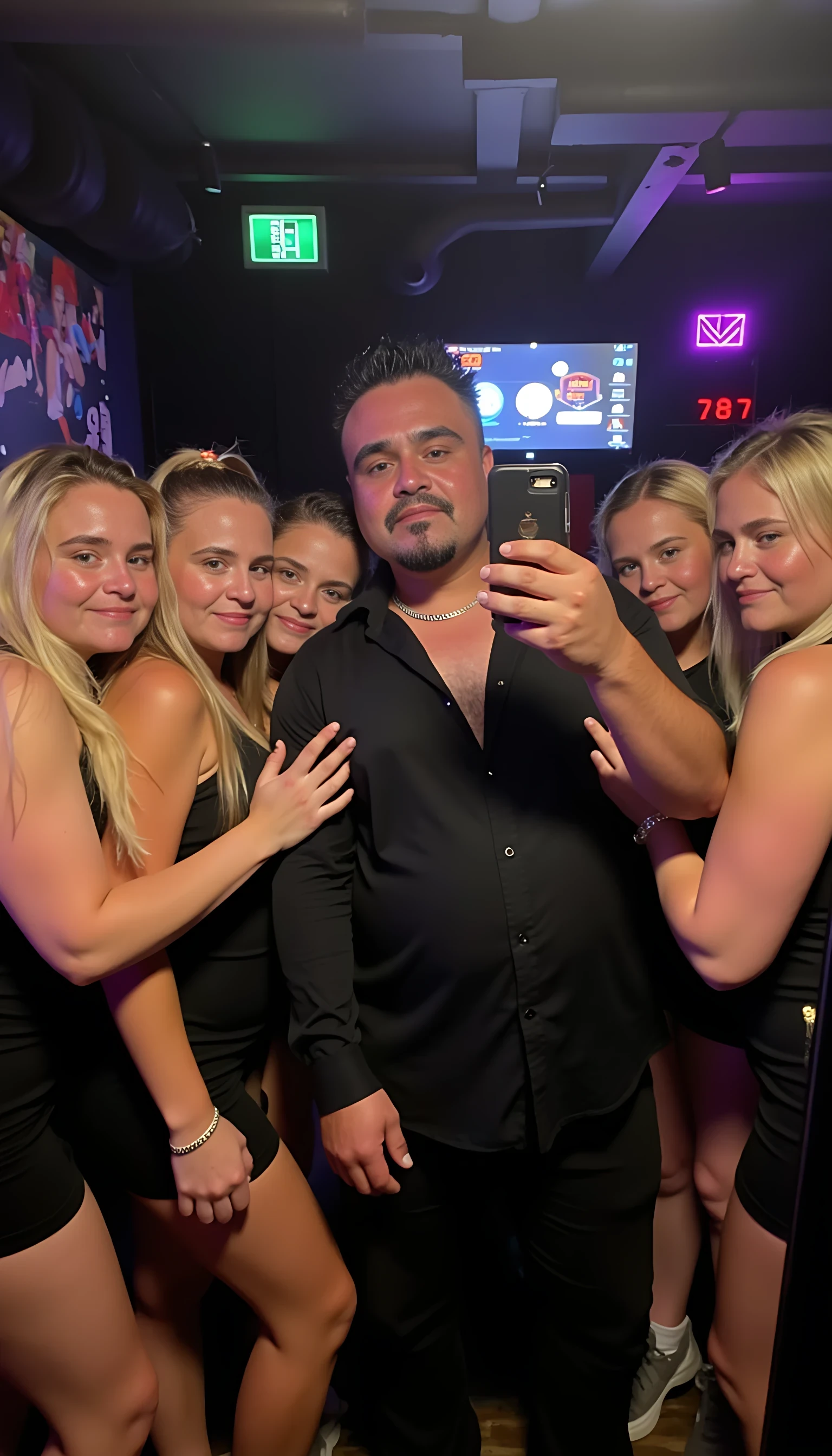 Selfie in a  mirror full man body wearing a  nice black dress shirt   Hugging with 5 blonde girls in a nightclub background 
