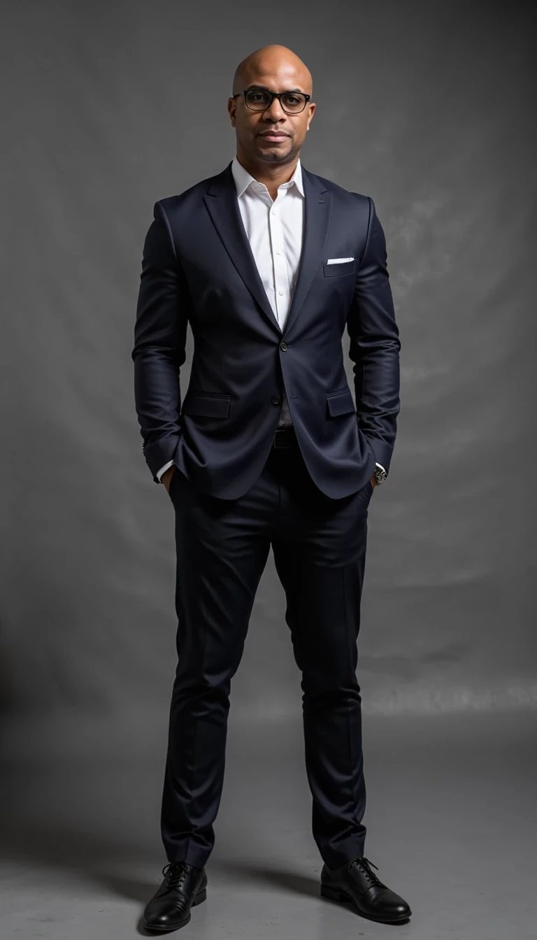 Full body image. make him more realistic and similar. Businessman, He is wearing a suit and modern Ray-Ban reading glasses. Slim but muscular build. He is facing the camera directly, as if posing for an award show red carpet picture. He looks like a CEO of a huge corporation with tshirt open, CSTMDL, Face of Carter and bald head