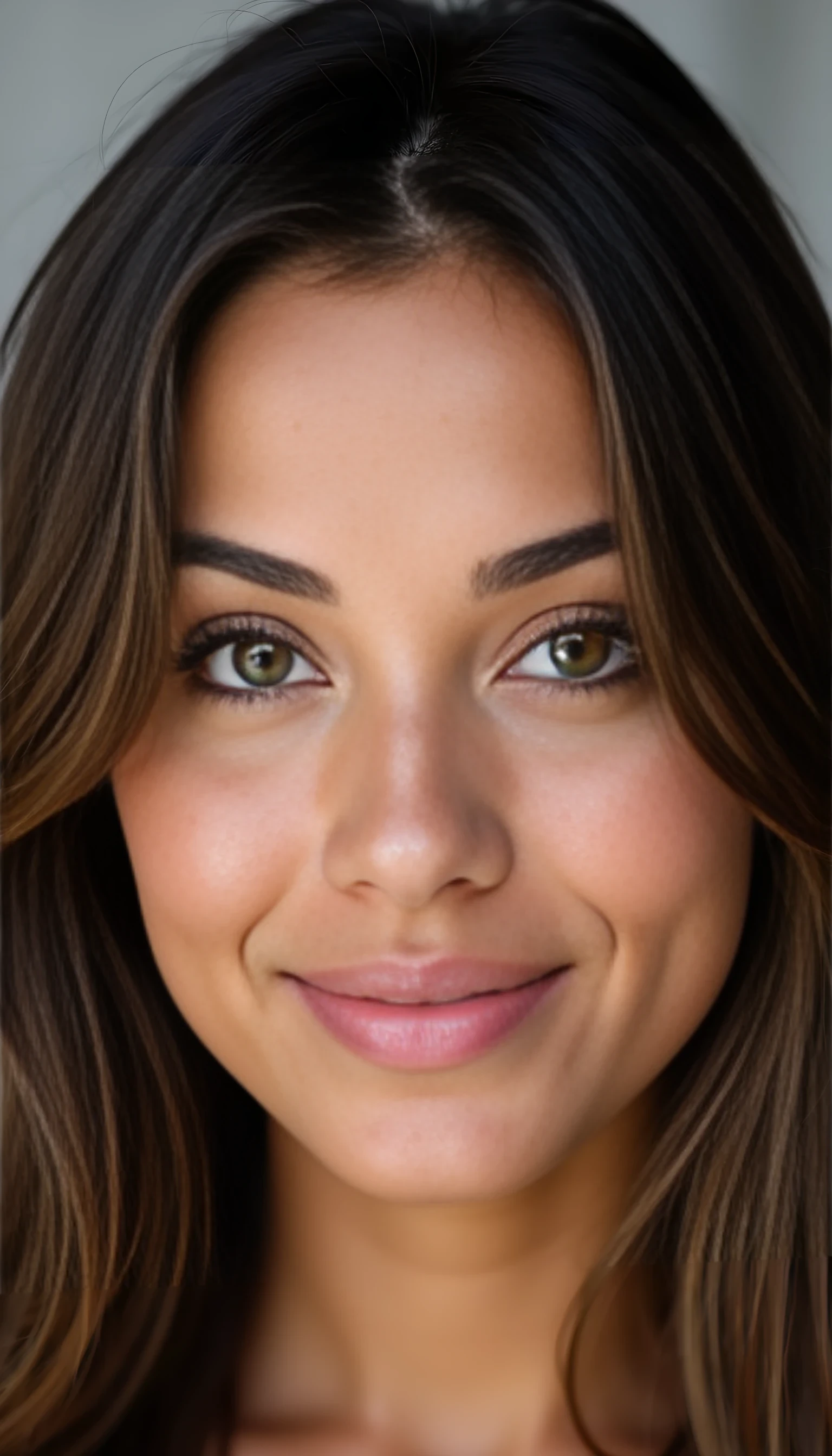 A studio-quality portrait photo full face of a beautiful 21 years old model, mixed ethnicity of half white American half Brazilian, with brunette hair, ultra detailed eyes with sharp iris reflections, slight smile