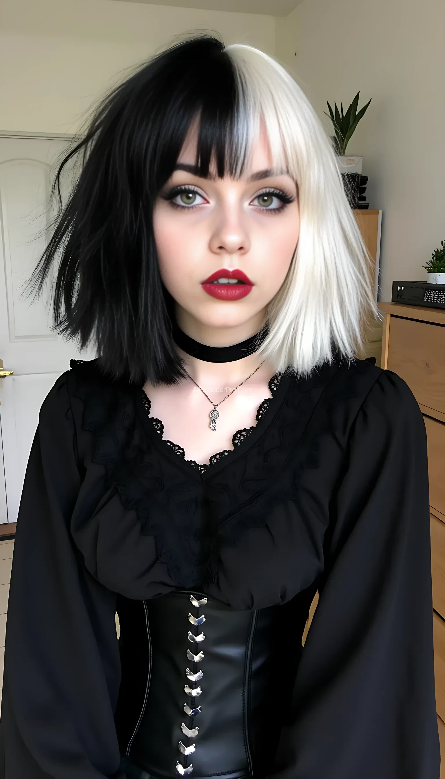 The image is a high-resolution photograph featuring a young 18 years old woman with a striking gothic style. She has a pale complexion and wears vibrant, deep red lipstick that contrasts sharply with her dark eyeliner and mascara, accentuating her large, expressive green eyes. Her hair is styled in an asymmetrical bob, with the left side  fully dyed black and the right side fully dyed white, creating a striking contrast, styled in a voluminous, very messy tousled bob with bangs that frame her face.
She is dressed in a black, lace-trimmed blouse with long sleeves, which she wears over a black corset with silver hardware, cinched at the waist. Around her neck, she wears a black choker. The background is a simple, light-colored room with wooden furniture, including a shelf with a few small potted plants and decorative items. The overall aesthetic of the image is dark and edgy, with a focus on the woman's bold, alternative fashion and makeup. The image conveys a sense of individuality and rebellion through its gothic and punk-inspired elements.
