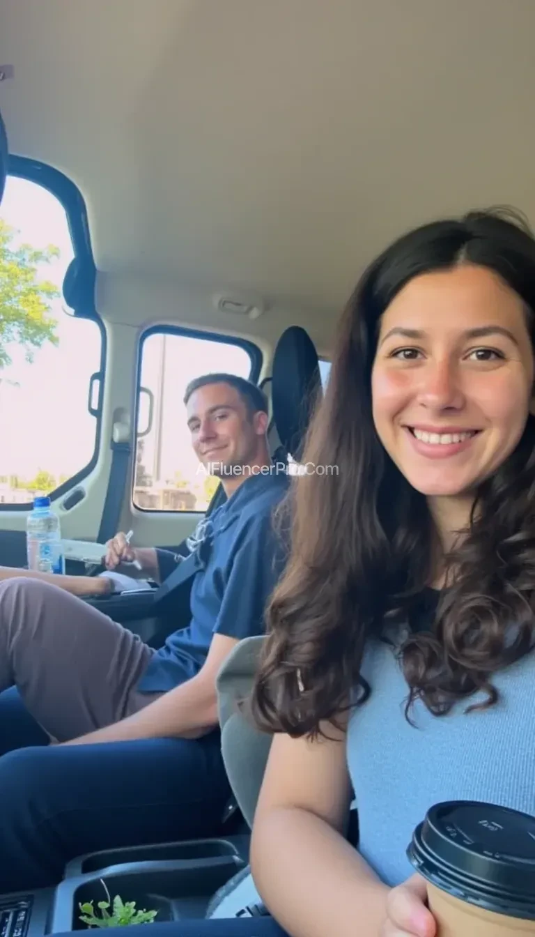 boring low quality snapchat photo circa 2015, A young woman with a warm smile, sitting in the driver's seat of a cozy car. She has soft, wavy brown hair cascading past her shoulders. The sunlight streams through the window, casting a gentle glow on her face. The interior of the car is neat and comfortable, with a coffee cup in the cup holder and a small plant on the dashboard. The background outside the window shows a scenic road lined with trees and blue skies