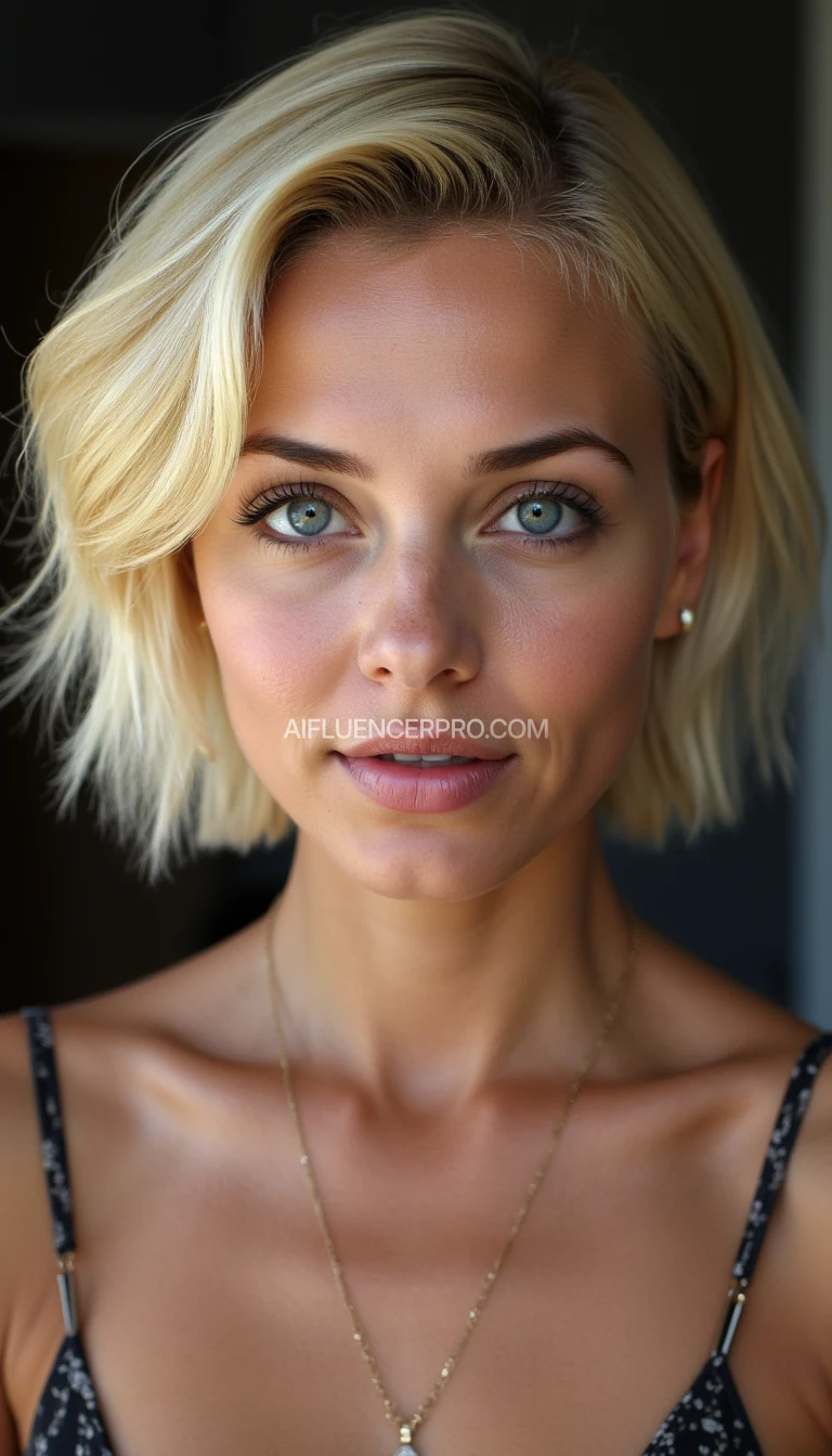 25 years old. Blonde with short hair. Blue eyes with a special sparkle. Features of an Eastern European woman. Extremely attractive but not perfect. Must be hyper realistic.