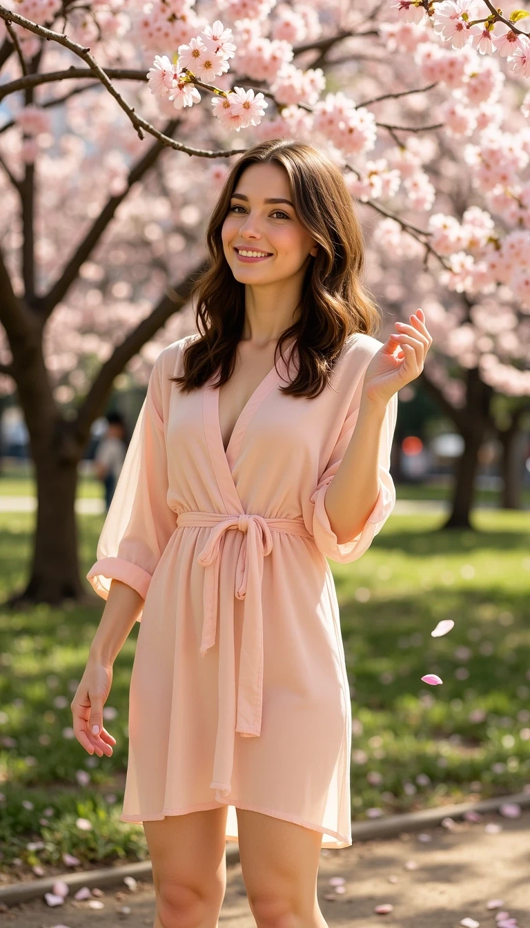 
A breathtaking young woman cstmdl with a soft hourglass figure, fair skin, and long legs stands barefoot beneath a canopy of blooming cherry blossom trees during golden hour in Tokyo’s Ueno Park. Her wavy, chestnut-brown hair is loose and gently tousled. She wears a sheer, blush-toned robe or silk slip dress that flows lightly in the breeze, revealing just enough to suggest sensuality while keeping it elegant. Scattered petals cling to her hair and shoulders. Her expression is ethereal — a soft smile, dreamy eyes, as if lost in a moment of beauty. One hand lifts to catch a falling blossom, the other rests at her side. The background glows with warm sunlight filtering through soft pink blossoms, and petals dance gently in the air. The entire scene feels like a daydream — natural, romantic, and subtly enchanted.