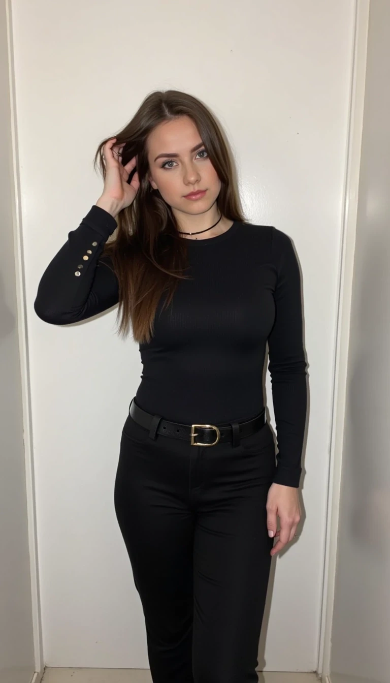 boring low quality snapchat photo circa 2015, 1girl, solo, long hair, brown hair, straight hair, natural hair, breasts, looking at viewer, simple background, white wall, living room, black pants, wool pants, pleated pants, shirt, long sleeves, closed mouth, smile, standing, cowboy shot, choker, belt, pants, lips, leotard, tight leotard, under the pants, sleeves past wrists, clothing cutout, eyelashes, hands up, makeup, black shirt, highleg, lipstick, black pants, pleated pants, wool pants, hair over shoulder, facing viewer, black leotard, eyeshadow, contrapposto, highleg leotard, pink lips, nose, black belt, photo (medium), red lips, eyeliner, strap, tight, mascara, eyeliner, tight pants, fingers, black pants, wool pants, pleated pants, formal, amateur photo, selfie, snapchat photo, natural pose, touching her hair