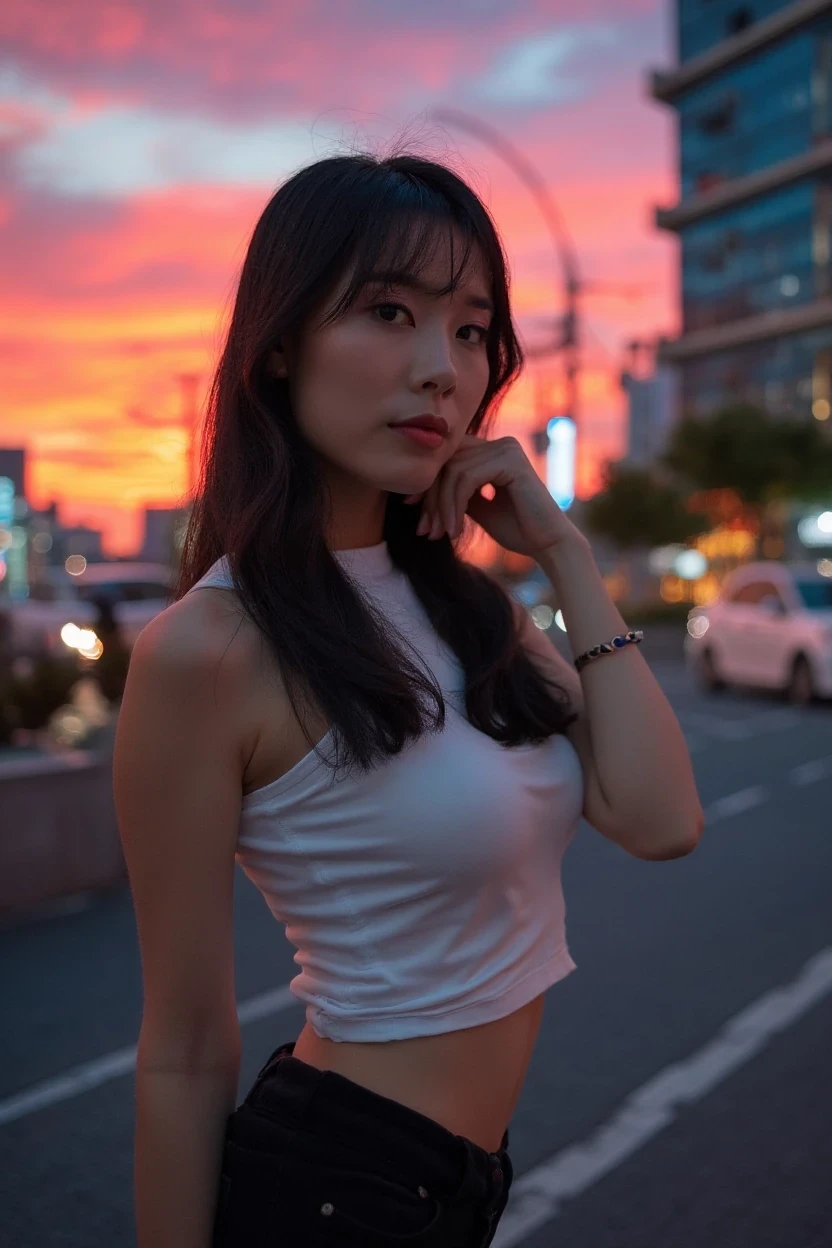 AI image prompt: portrait photo editorial of a woman, in Tokyo at sunset with a vibrant sky