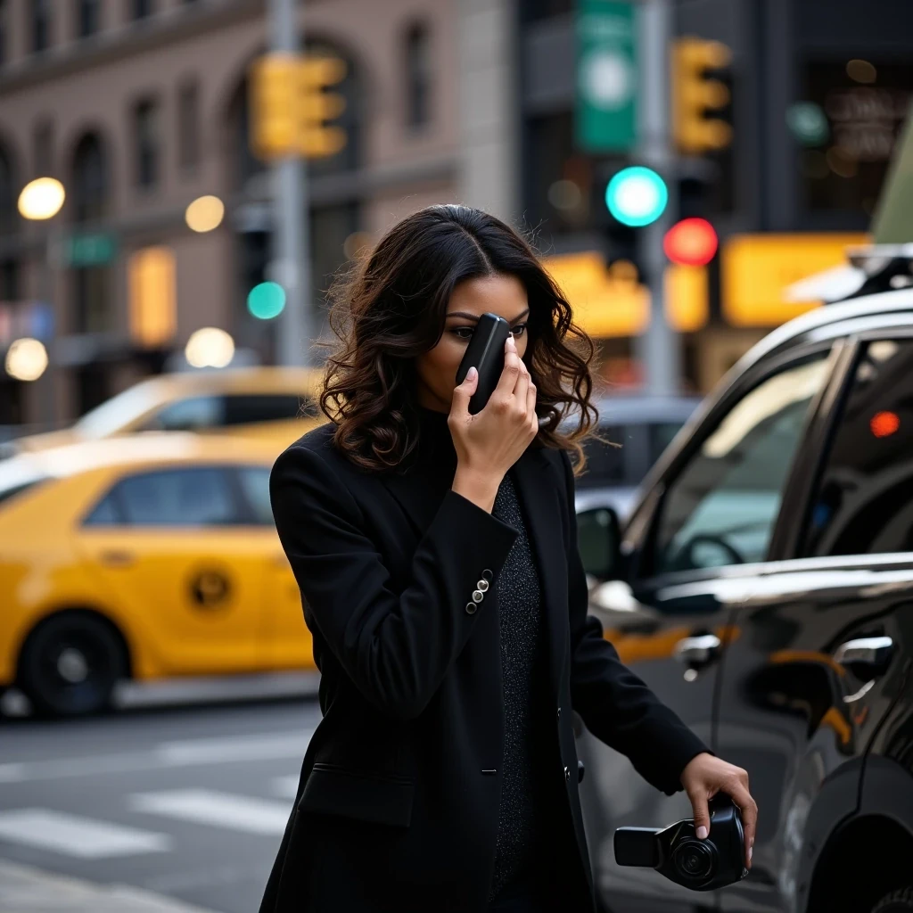 Street Corner Dash
Shot on Sony A9 III, 70-200mm f/2.8, ISO 3200, 1/500 sec. Model rushing to black SUV, Bottega clutch covering face. Motion blur from movement, flash catching hair mid-flow. Light olive brown skin showing natural reaction to flash - slight shine on forehead. Multiple light sources: street lamps, car headlights, camera flashes creating chaotic lighting pattern. Background: blurred NYC street signs, yellow cabs.
 CSTMDL