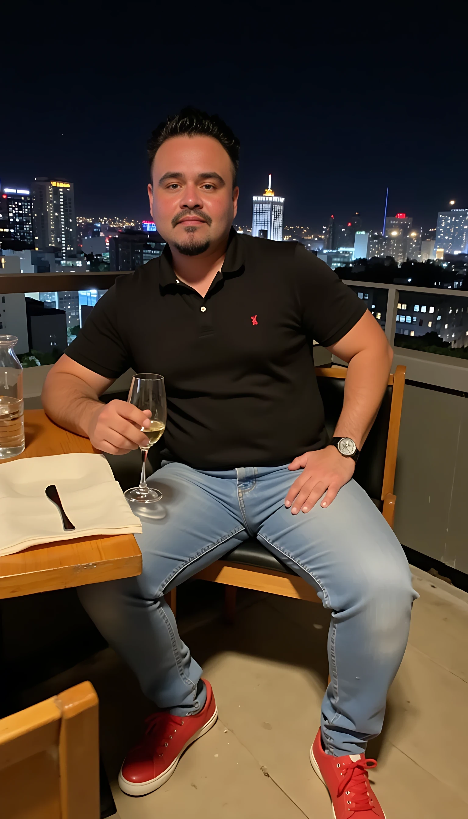  CSTMDL Man body wearing light blue jeans and black dress shirt red tenis shoes wearing a rolex watch seating on a nice restaurant  with a glass of wine on a rooftop city night lights  clear background 